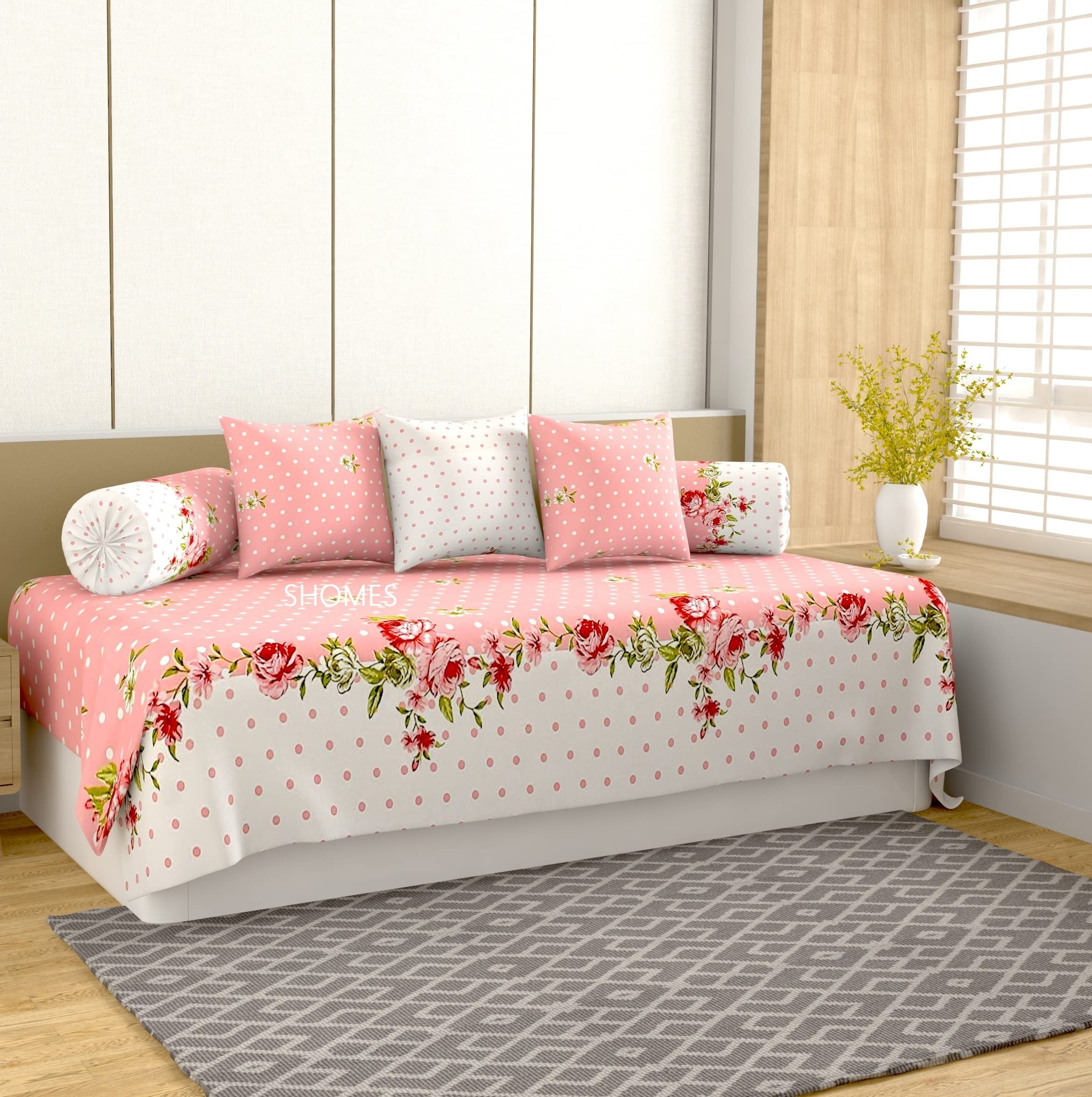 SHOMES Pure Soft Cotton Floral Printed Diwan Set Covers 6 Pieces - 1 Single Bed Sheet with 3 Cushion & 2 Bolster Covers - Pink Color-image-41