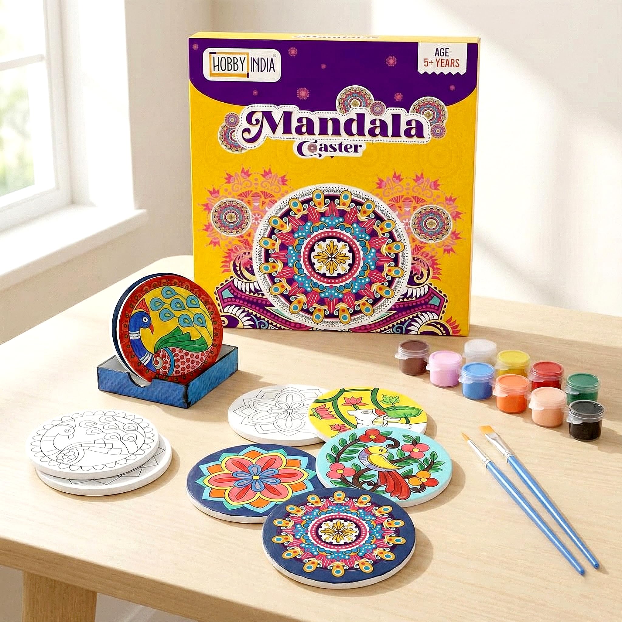 HOBBY INDIA DIY Mandala Coaster Art Craft Painting Kit Set for Kids & Adults | Pre-Marked Wooden MDF Materials, Gift for Boys & Girls, Home, Office, Activity, Coloring Tea Cup Table Birthday Kitchen