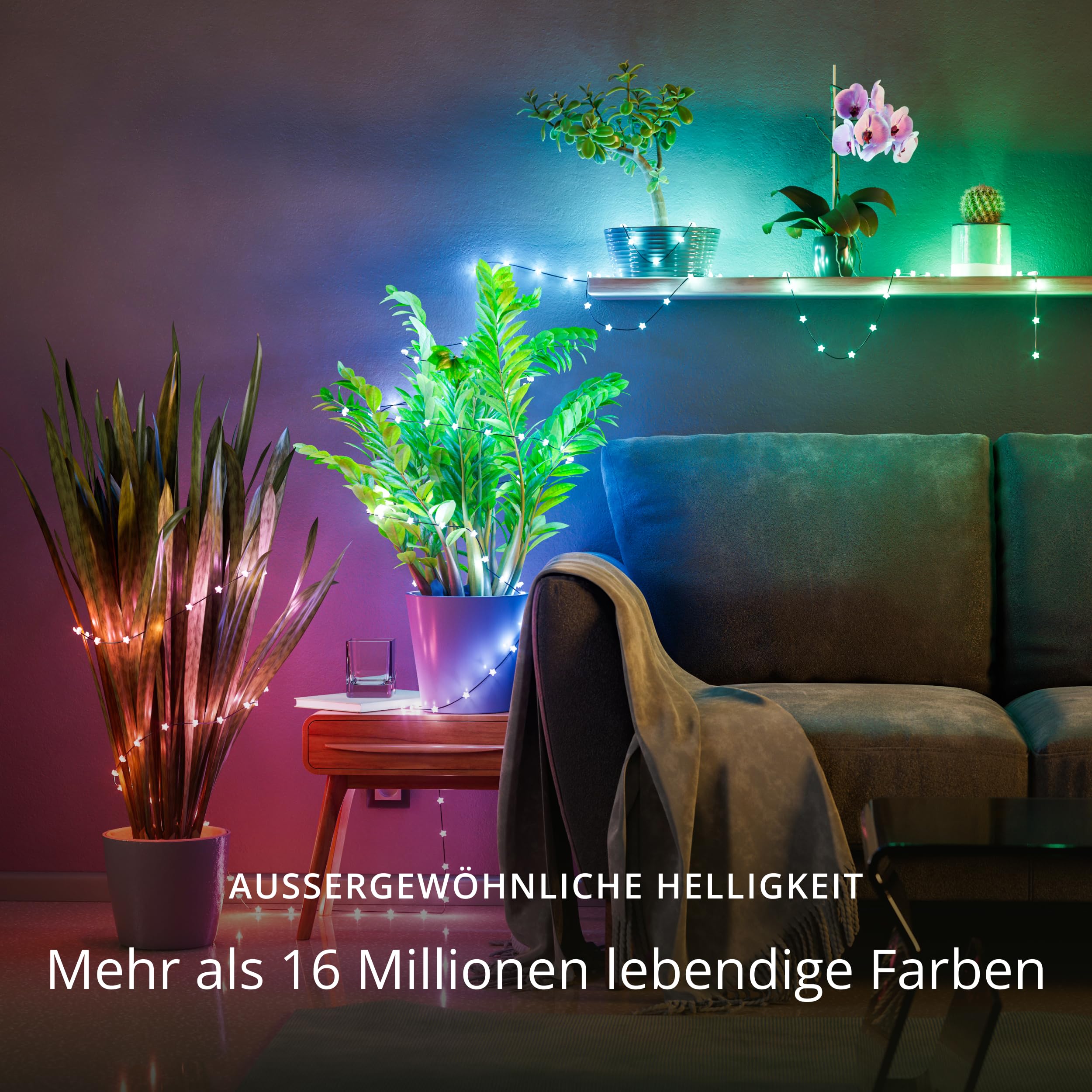 Twinkly Strings USB-C Star 200 LED, Sternförmige LED-Lichterkette, RGB LED-Lichter Mehrfarbig, Lichter zum Valentinstag, Kompatibel mit Alexa und Google Home, USB-C, Grünes Kabel, 12m