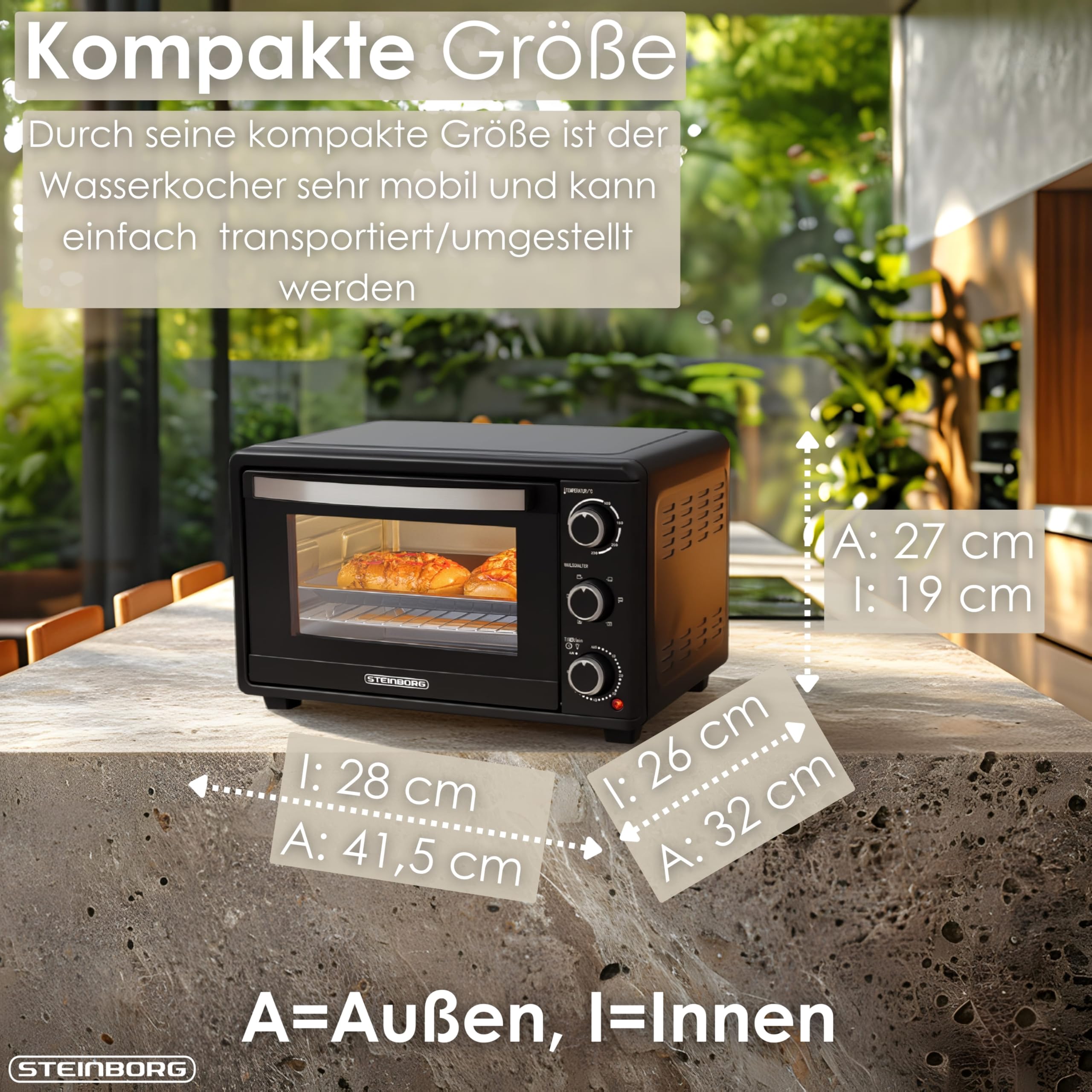 STEInBORG Mini Backofen 15 Liter Pizza-Ofen 3in1 Backofen Minibackofen Miniofen Krümelblech Ober-/Unterhitze Energiesparend 60 min.Timer