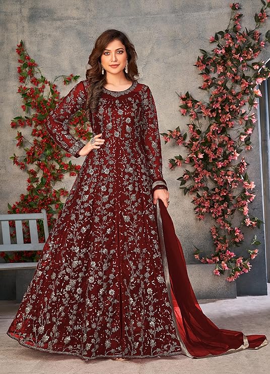 Stunning Indian Net Embroidered Gown | Plus Size Salwar Kameez Suit | Ready To Wear
