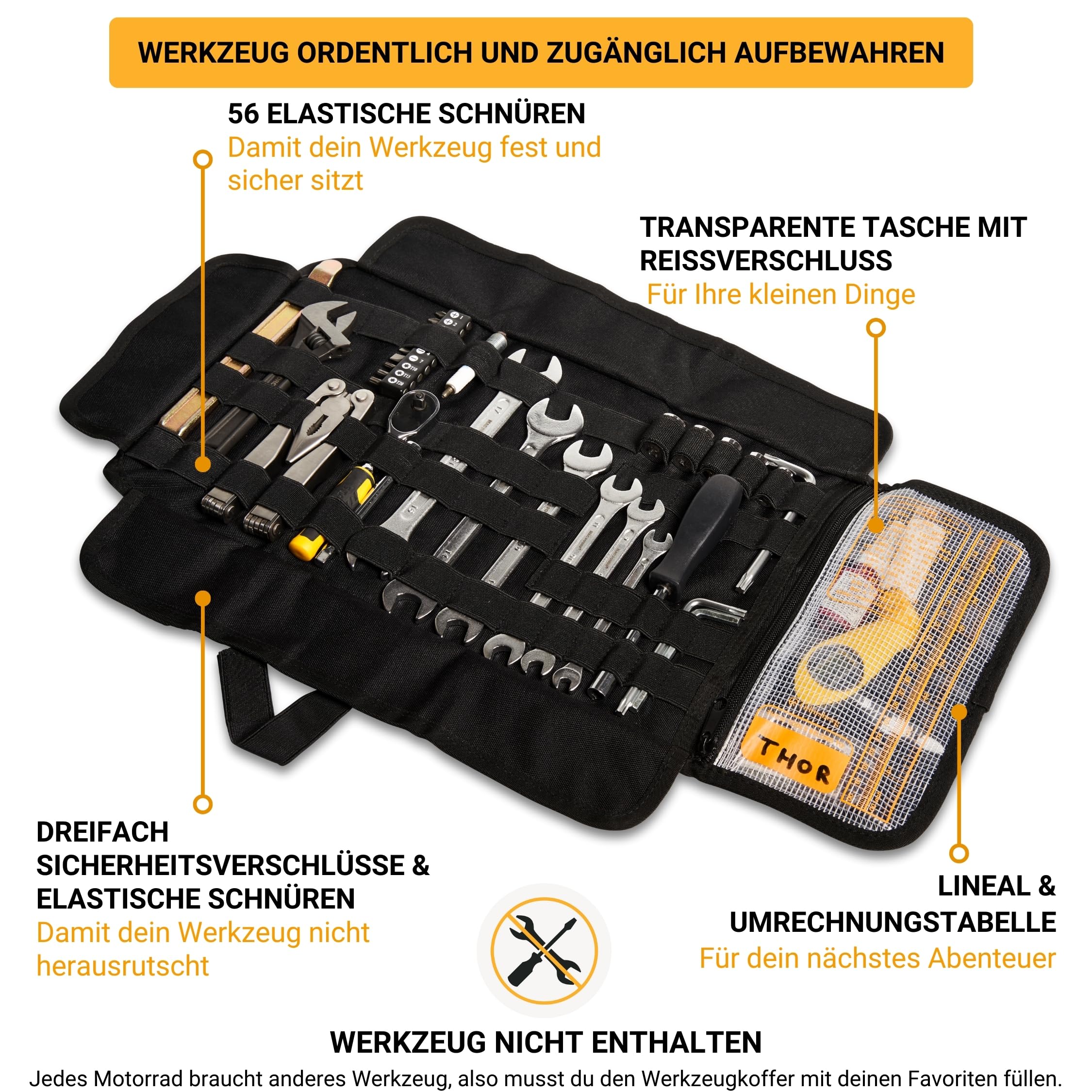 Odinsberg Heavy Duty Tool Roll Werkzeugrolle für Motorrad - Werkzeugtasche ohne Inhalt mit Taktischem MOLLE System, 56 elastische Schleifen und Innentasche, um Ihre Werkzeugmappe zu verwalten