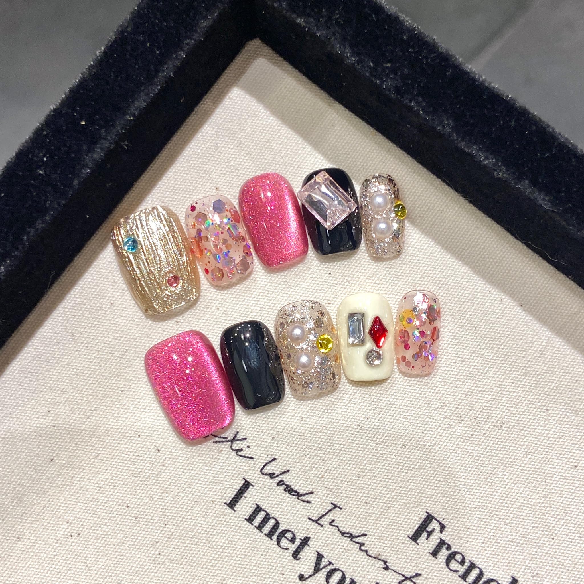 NLSJMP handmade nails press on Salon Quality false nails Reusable short square black gold pink pearl rhinestone cute acrylic fake nails designed kit,