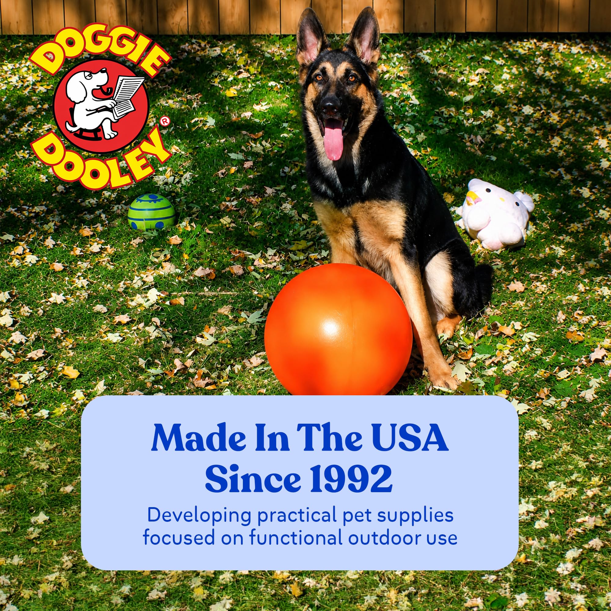 Doggie Dooley Pelota para perros prácticamente indestructible, juguete interactivo de plástico duro de 14 pulgadas para razas grandes de más de 75 libras, construido para pastoreo y juego de empuje