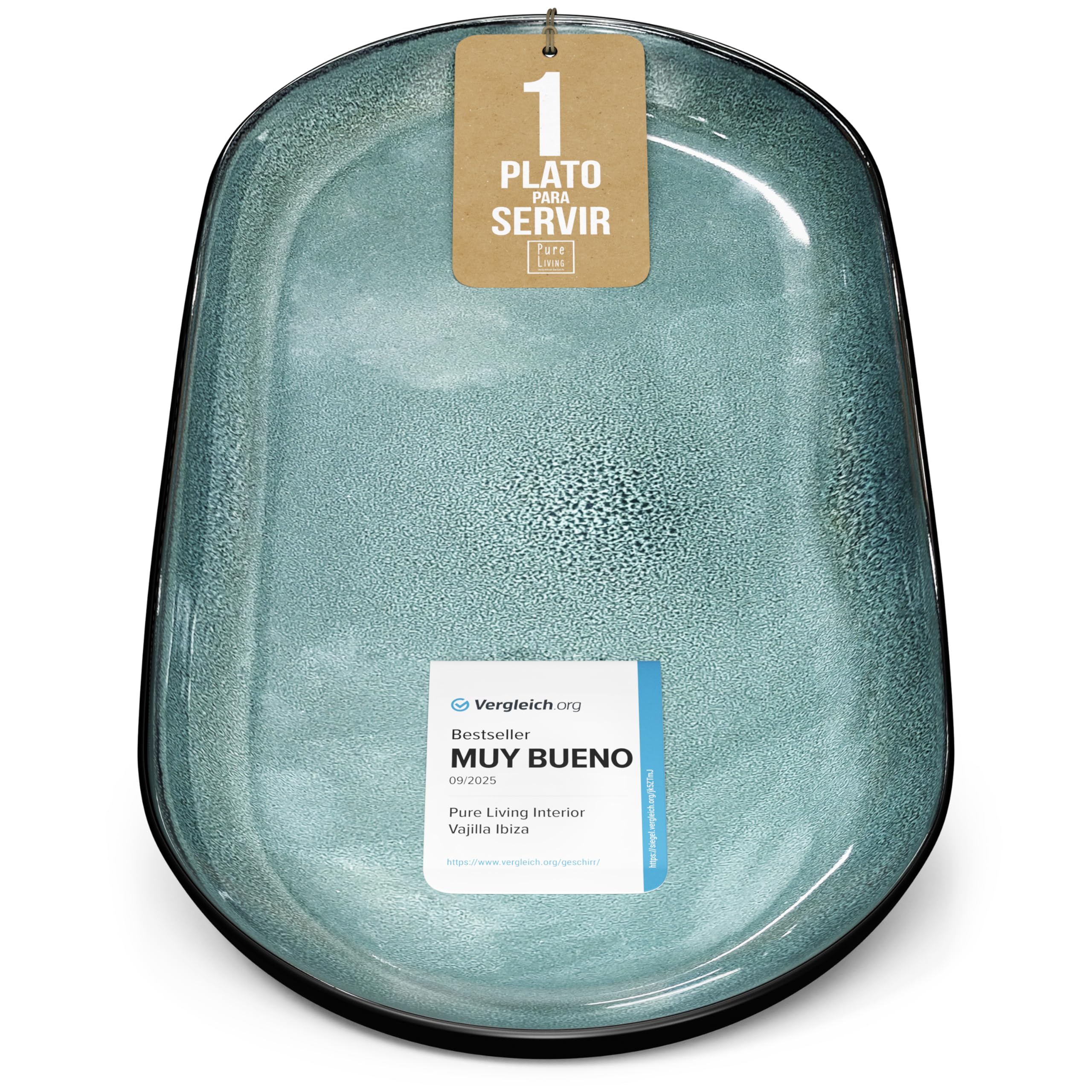 Plato de servicio Ibiza en gres - Gran plato para servir - Estilo mediterráneo - Apto para lavavajillas y microondas - Plato ovalado de Pure Living en Azul Ahumado