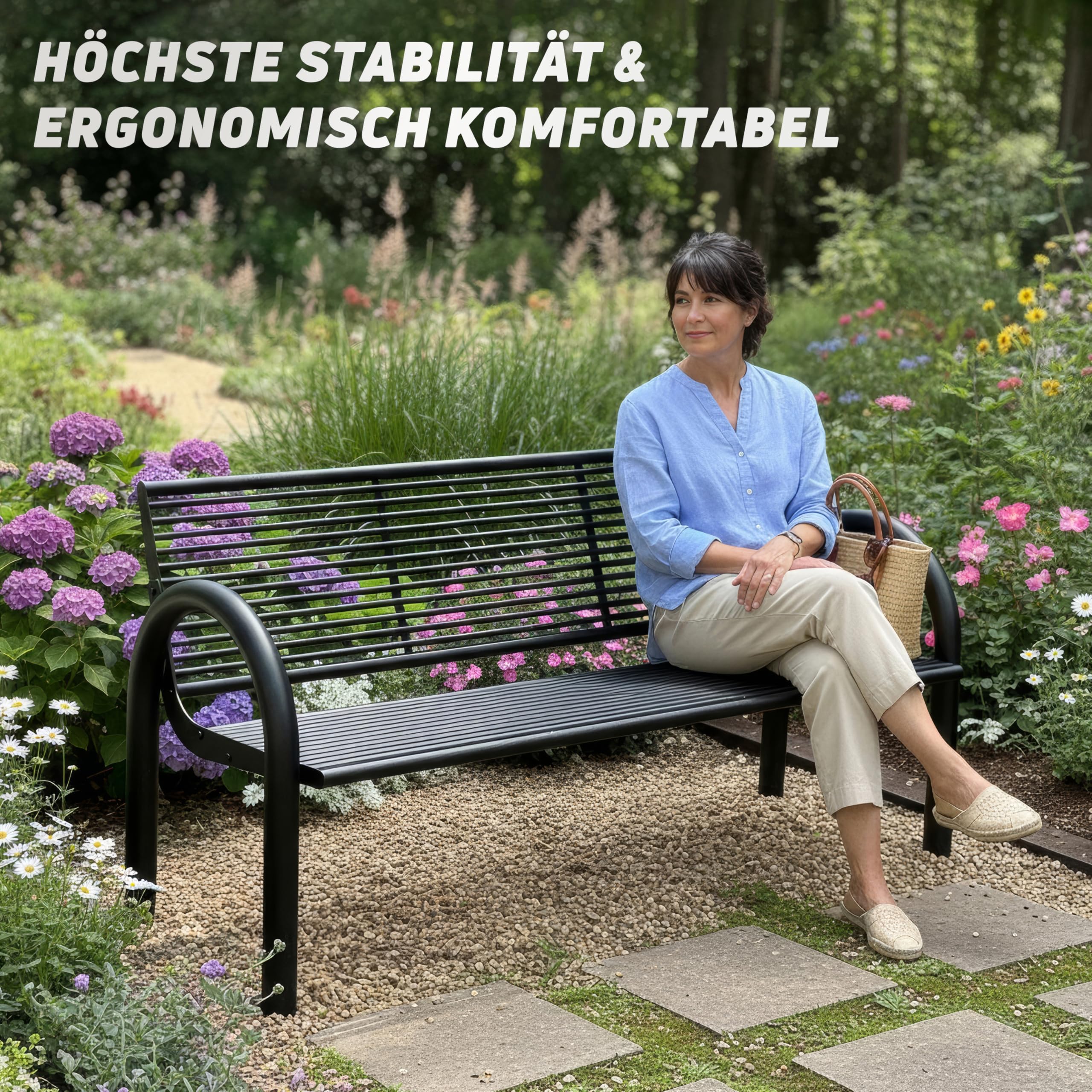 MATERIUM® Gartenbank Metall Schwarz - extra stabile Bank aus Metall mit 150 cm Sitzbreite, wetterfest & widerstandsfähig - hochwertige Sitzbank aus Stahl mit edler Pulverbeschichtung (Schwarz Matt)