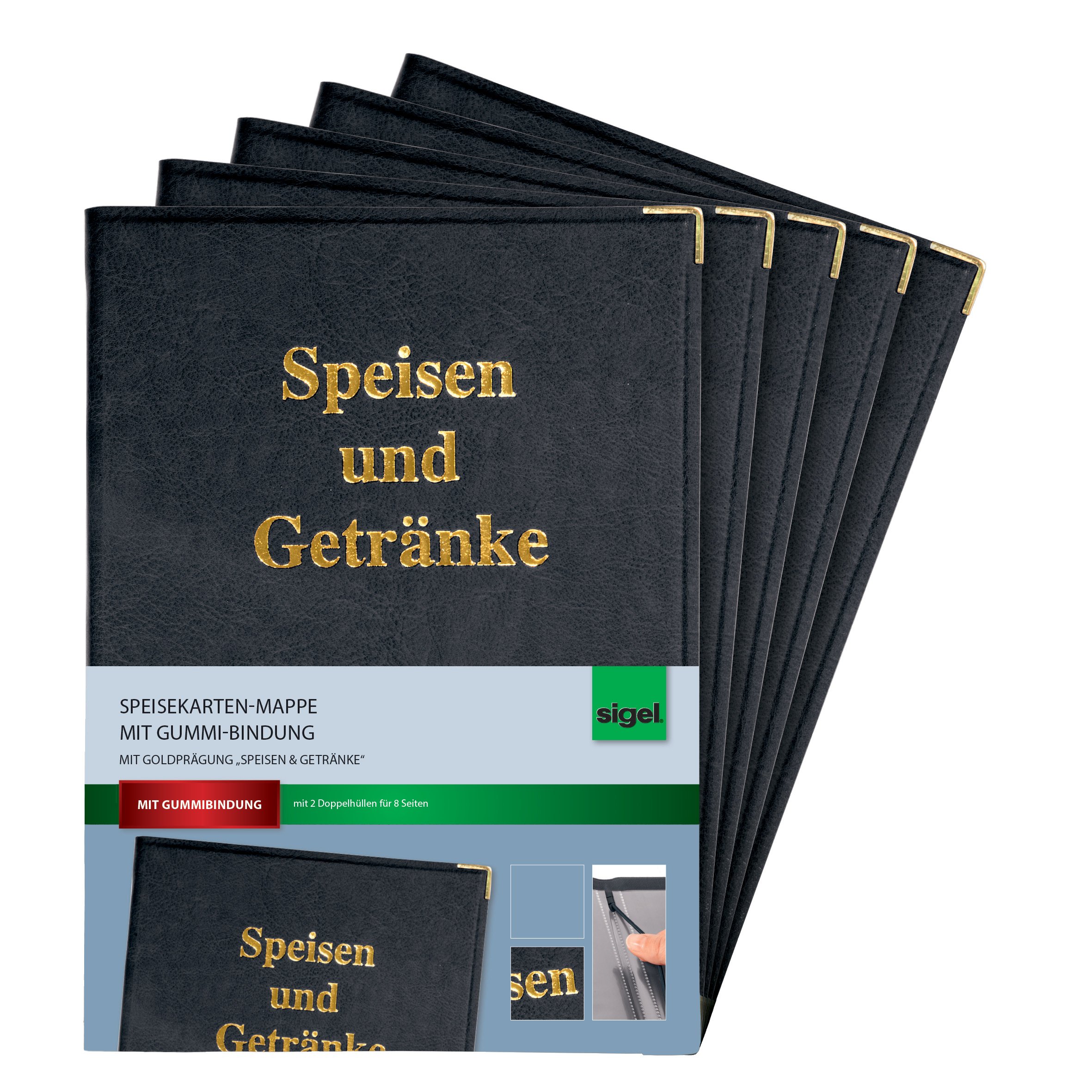 Sigel menu Folder with Embossed in Gold and Rubber Binding for A4-5 Pieces Black