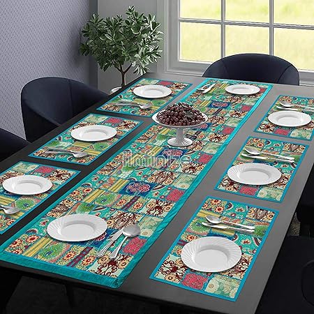 iinfinize Traditional Embroidery Mat Runner Patchwork Table Runner Mat Bowl Mat Runner Cotton Dining Table Cloth Placemat Indian Designing Kambadiya 6 Pcs Mat 1 Runner Decorative Kitchen Mat Table Mat Runner (Turquoise)