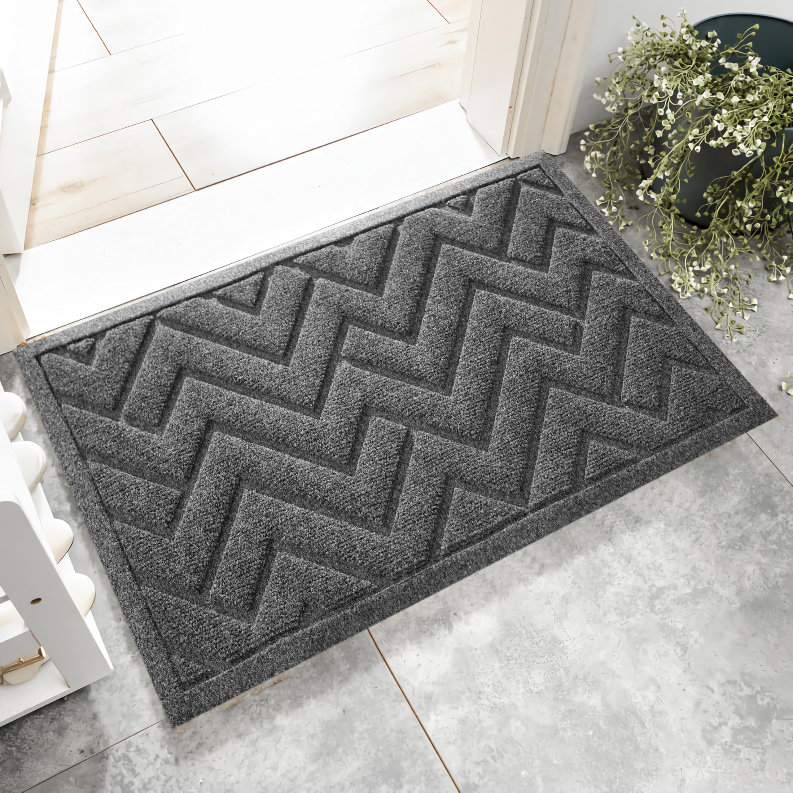 VivaNest Grey Geometry Outdoor Indoor Entrance Doormats, Absorbent Durable Heavy Duty Welcome Front Door Mat,Thick Natural Rubber Back,Easy Clean Entryway Mat 17x30 Inch, Low Profile