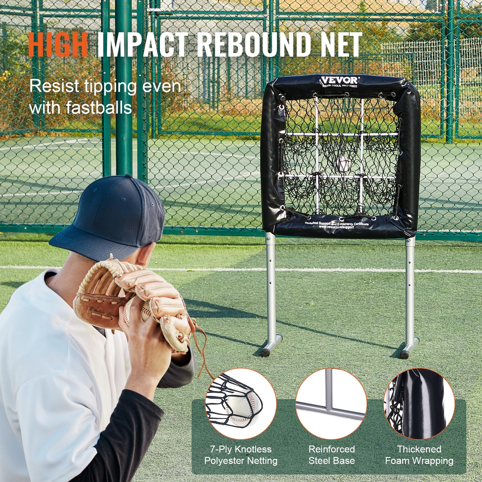 VEVOR Rete per Lanci Battute per Baseball Altezza del Bersaglio Regolabile 304,8 mm/406,4mm/508mm, Attrezzatura per l'Allenamento di Baseball Softball a 9 Buche su Prato, Design Portatile, Nero