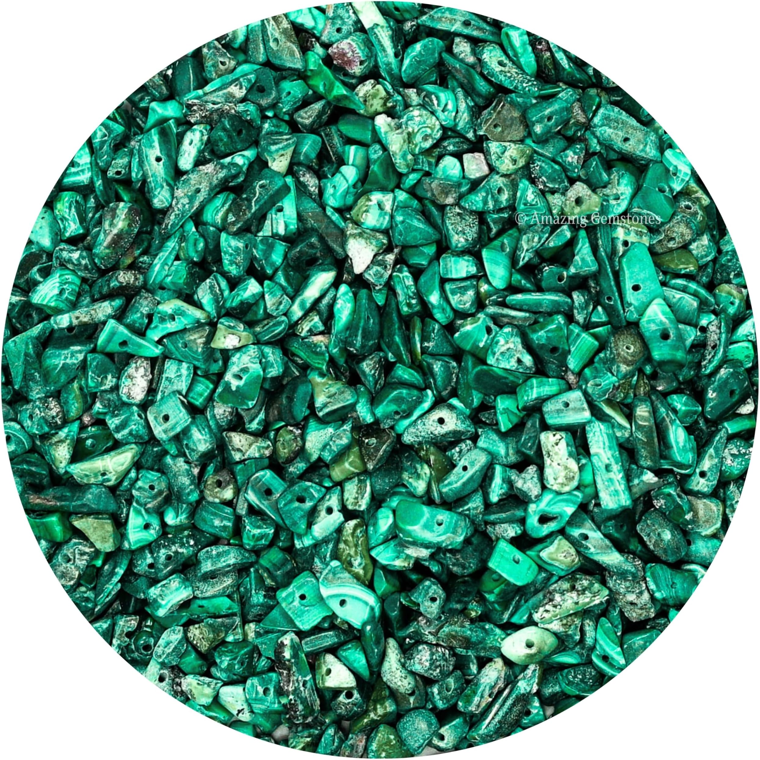 Malachite Pre Drilled Crystal Crushed Chips Beads for Bracelets Making, DIY Handmade Natural Healing Crystals (25 Inch Strand)