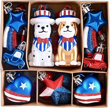 DecorbyHannah 4th of July Tree Decorations, 32ct Memorial Day Ornaments for Tree Patriotic Red White Blue Shatterproof Hanging Dog Pet Car Ornaments for Independence Day, Flag Day, USA 250th Holiday