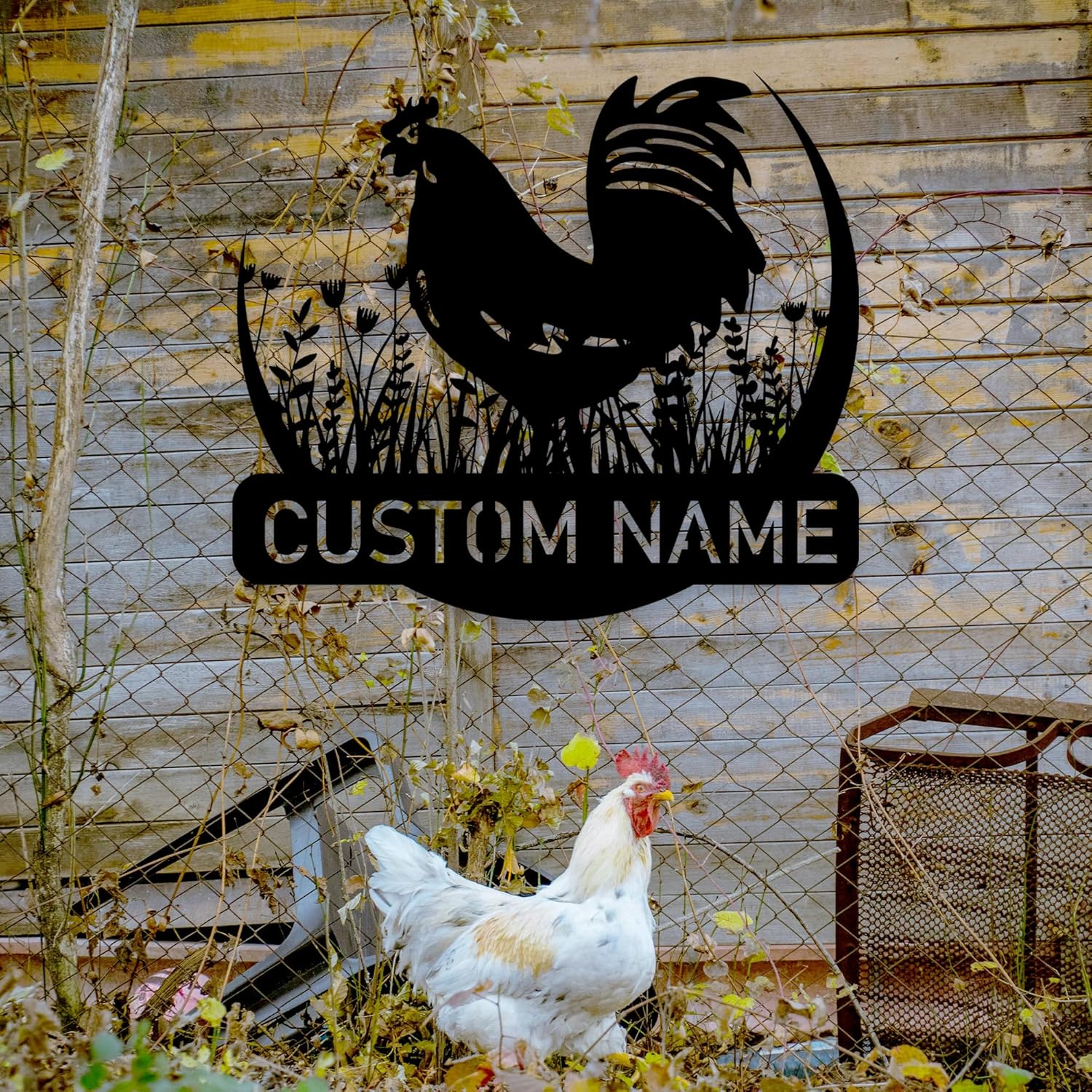 Personalized Metal Chicken Coop Name Sign, Custom Chicken Decor with Flowers, Unique Design Metal Chicken Sign, Garden Large Outdoor Sign, Farmhouse Decoration, Yard Sign, Hen House Decor Plaque