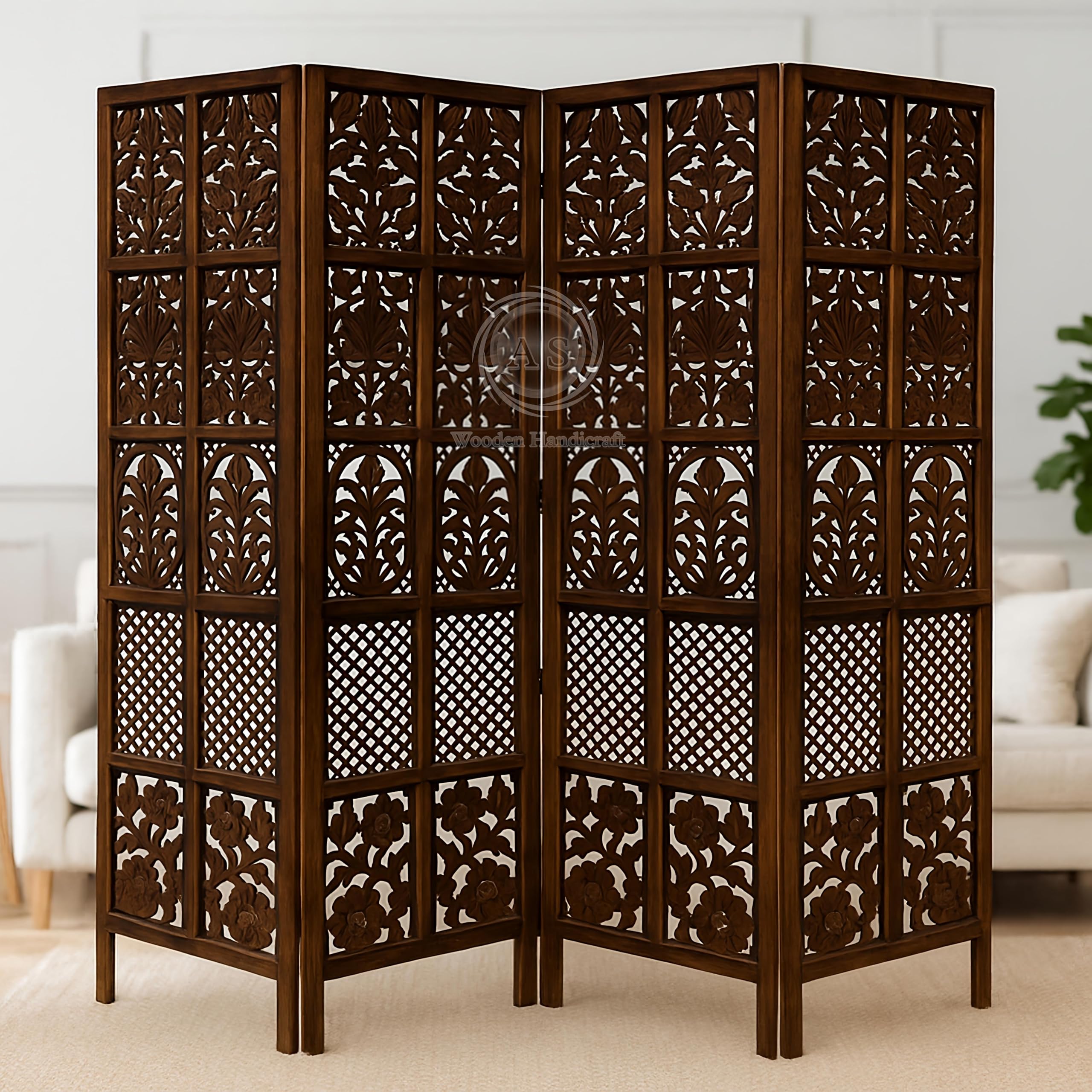 AS Wooden Handicraft Wooden Partition for Living Rooms Wall Dividers,Screen Separator Room Divider for Hall Wall Panels for Pooja Room/Kitchen/Bedroom/Office/Restaurant 6 Feet (Brown) (4 Panel)-image-6
