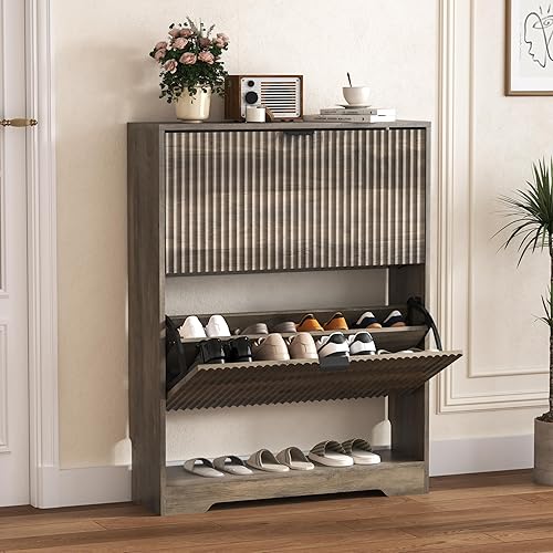 Miniatura 9 de Armario de zapatos para entrada con 3 cajones abatibles, armario de zapatos acanalado de roble con estantes ajustables, zapatero oculto de madera