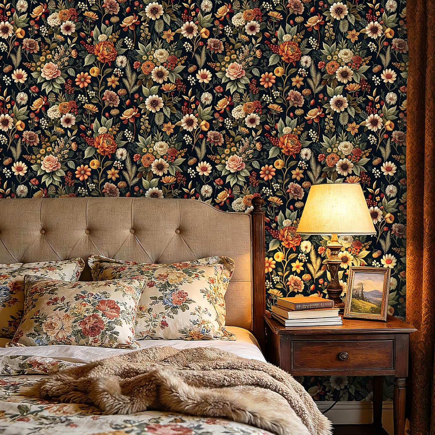 ReWallpaper Dark Floral Peel and Stick Wallpaper Self Adhesive Vintage Floral Wall Paper for Bedroom Bathroom Accent Wall Bookshelves Cabinets Drawers Removable Moody Decor Small Space 17.5in x 10ft
