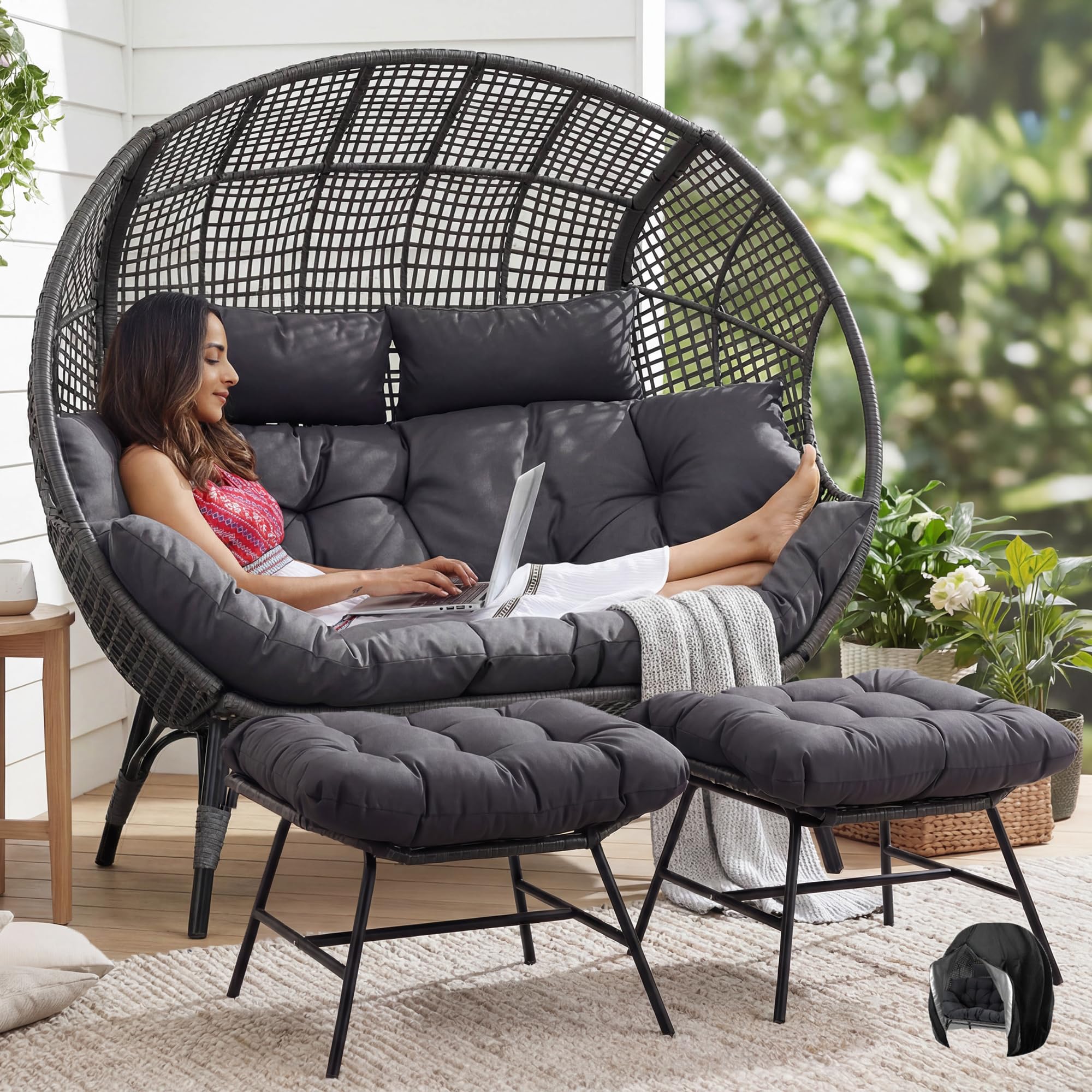 NICESOUL Indoor Outdoor Double Egg Chair with Footrest Padded Cushion, Oversized Wicker Twin Egg Shaped Chair Wide Seater with Ottoman, 2 People Loveseat Gray for Patio Porch Balcony