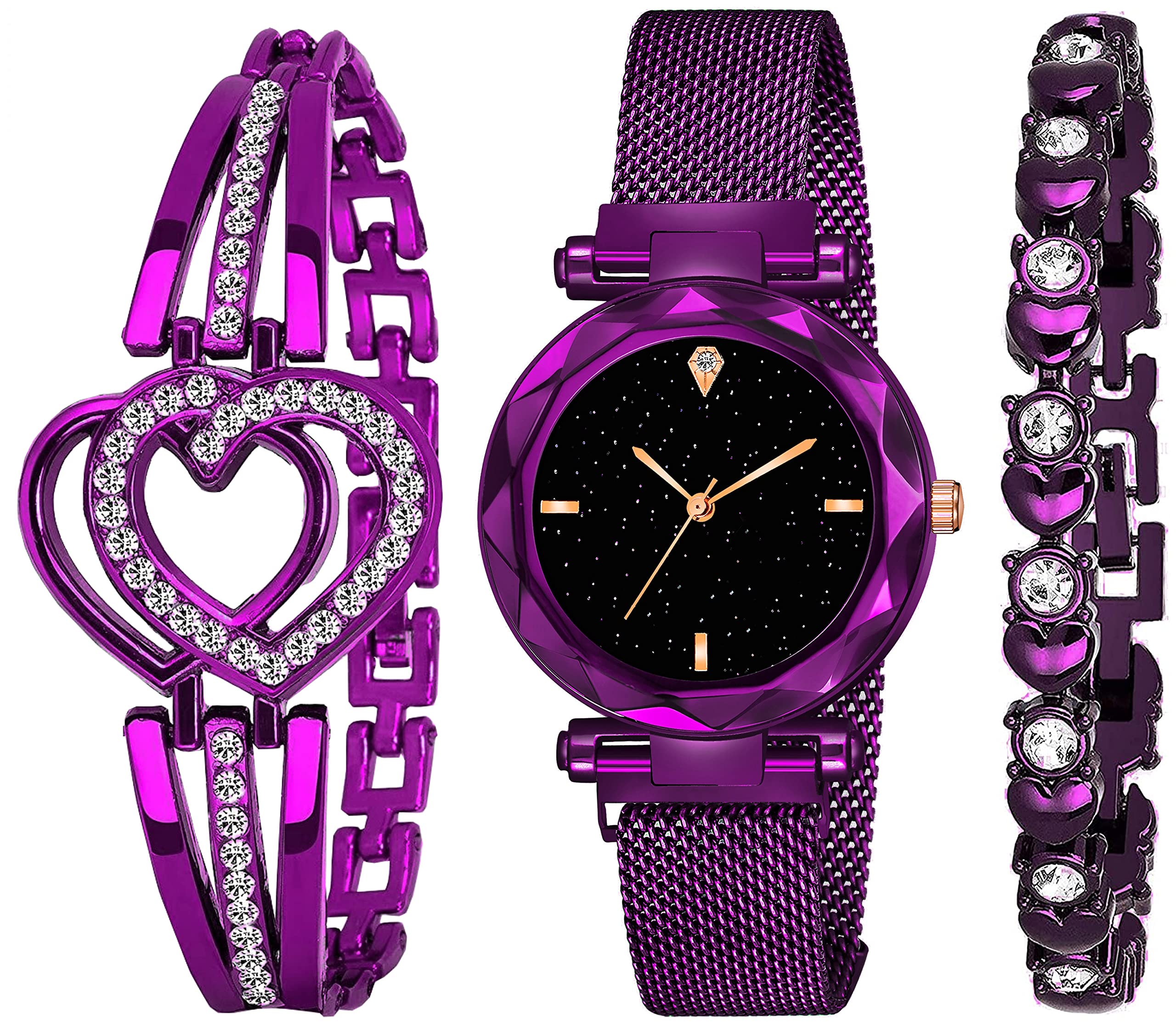 AcnosBrand - A Watch Analogue Plain Black Dial Magnet Watch With Gift Bracelet For Women Or Girls And Watch For Girl Or Women (Combo Of 3)