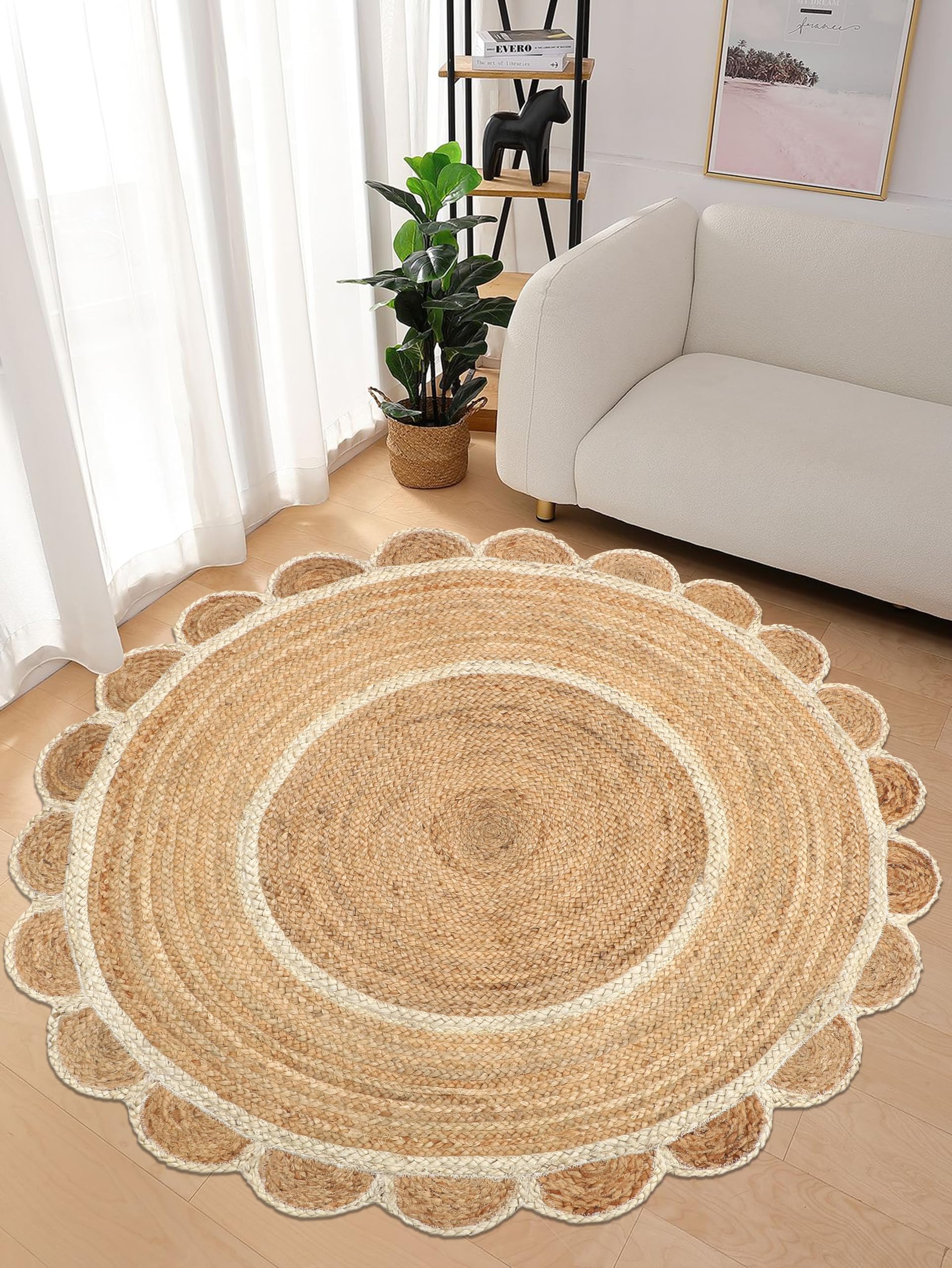 The Home Talk Scalloped Jute Round Rug - Natural Fiber Scallop Rug Rustic Vintage Braided Handwoven Indoor Carpet for Entryway/Kitchen/Frontdoor (Natural & White, 120 cm Diameter)