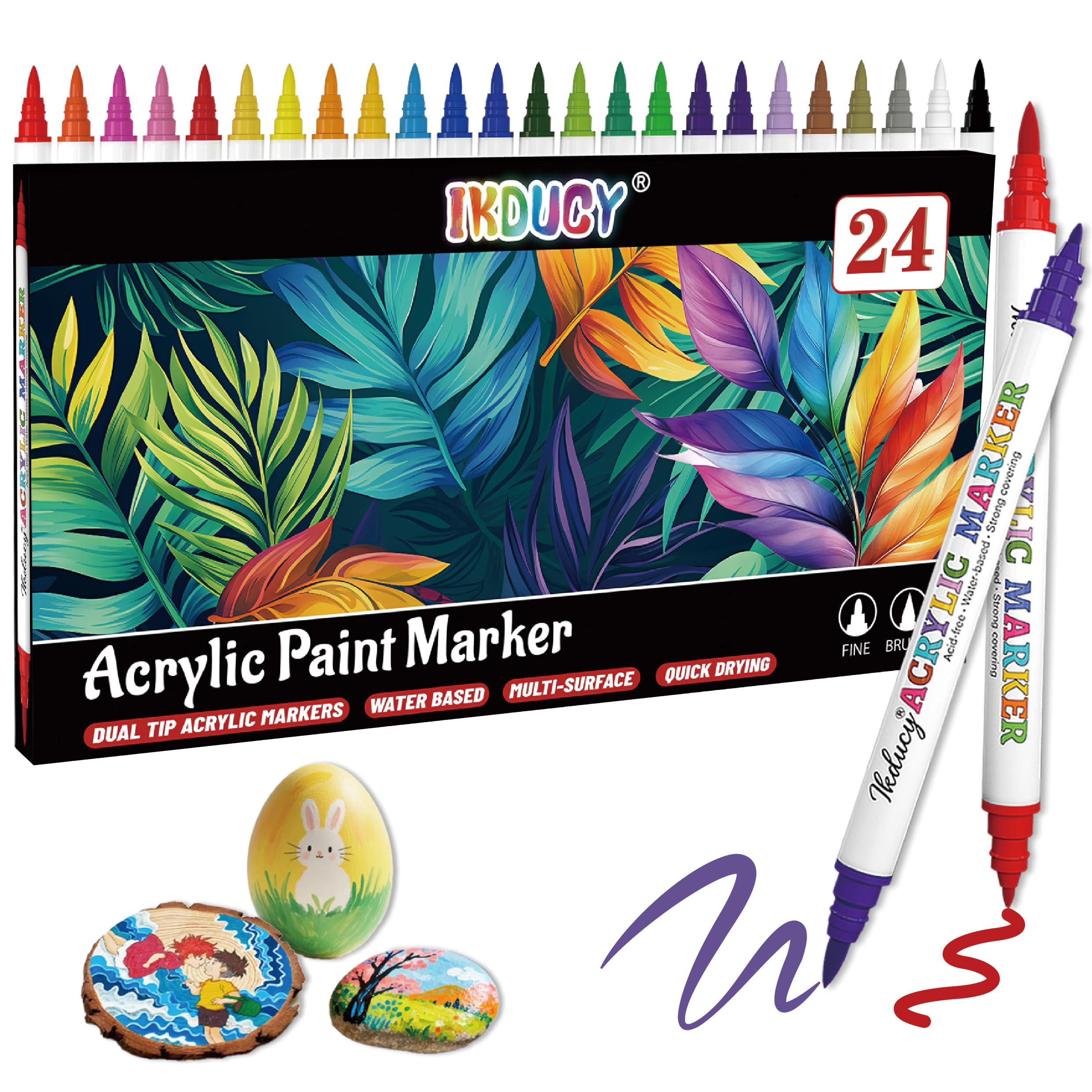 24 Colors Dual Tip Acrylic Paint Markers Set, Fine Tip and Brush Tip