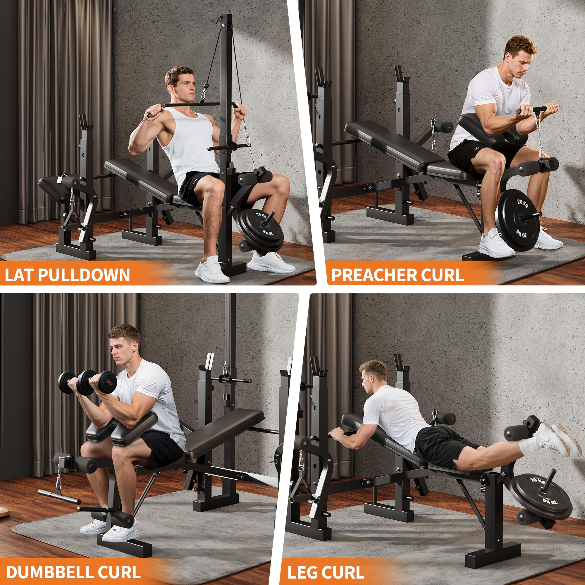 GarveeTech Panca Pesi Regolabile 8 in 1 per Palestra di Casa - Con Rack per Barra, Estensione Gambe, Panca Predicatore e Articolazione Farfalla - Pieghevole, Resistente, Supporta 900 Lb