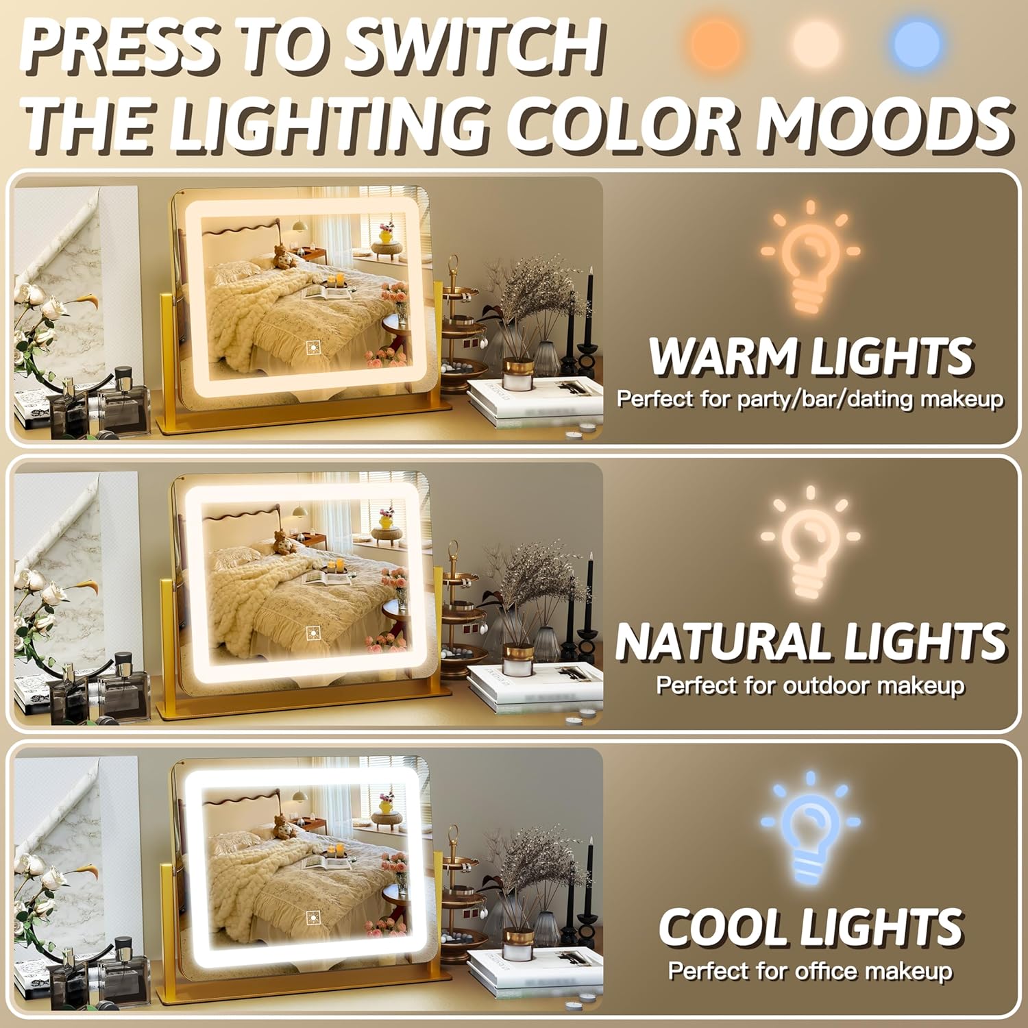 FENNIO Vanity Mirror with Lights, 12" x 16" Lighted Makeup Mirror with Smart Touch Control, 3 Color Modes & Brightness Adjustable, LED Makeup Mirror with 10X Magnification, 360° Rotation （Gold