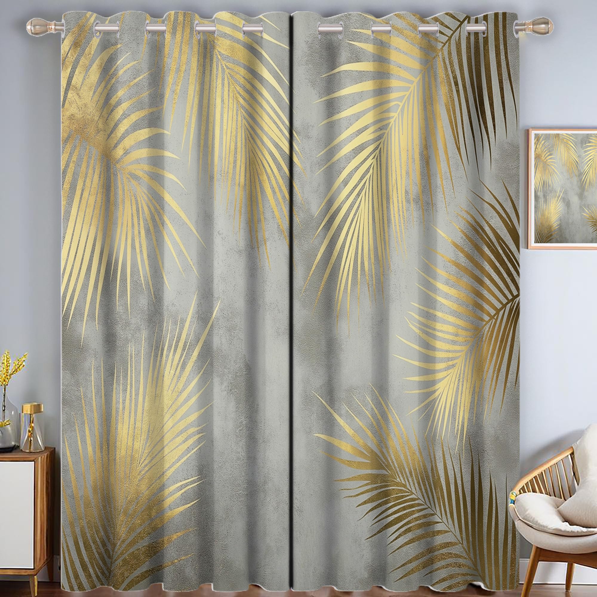 Rideau opaque or gris 140x175 cm | Lot de 2 rideaux occultants imprimés feuilles de palmier