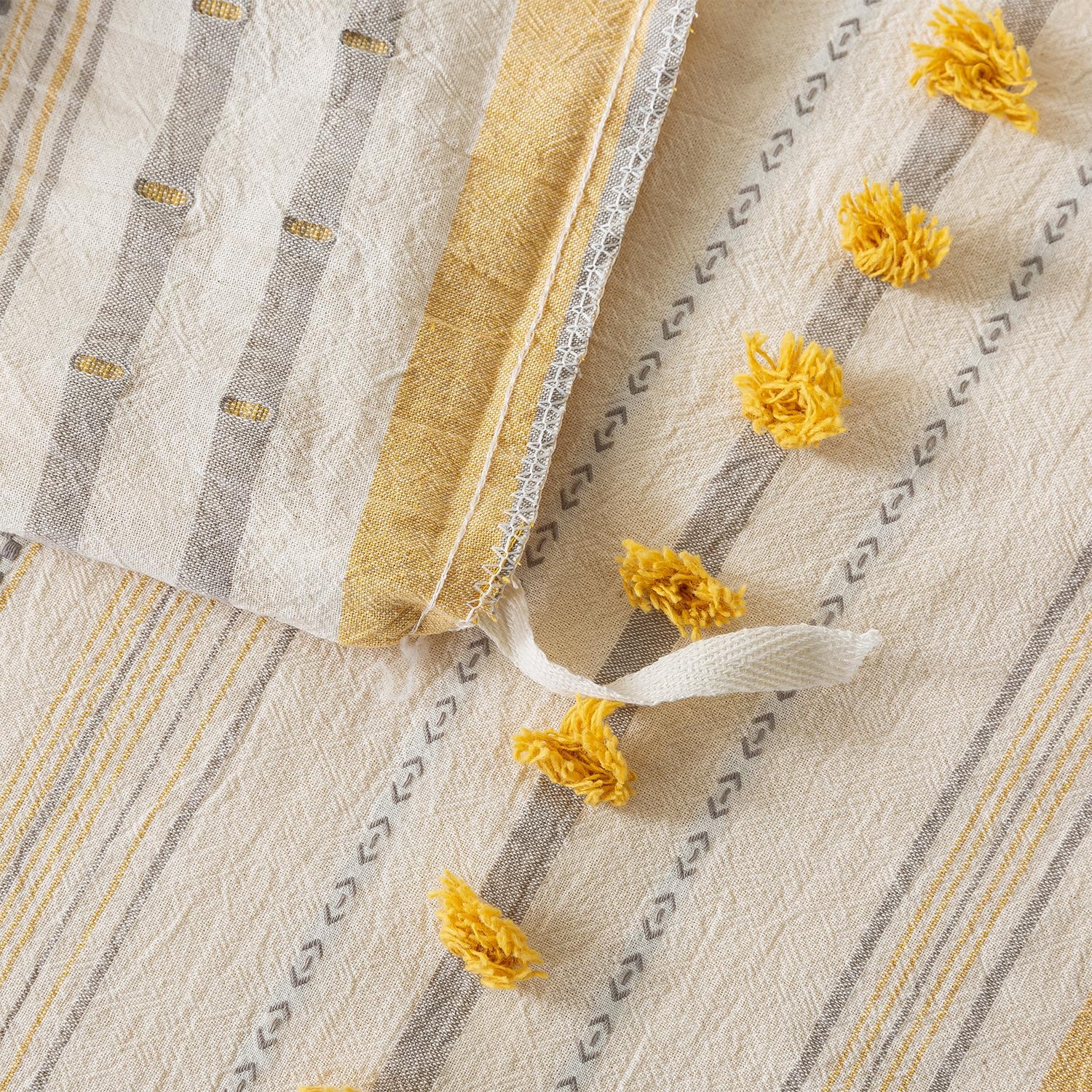 Washed Cotton Queen Size Duvet Cover Set - Tufted Dots Boho Chic Bedding for All Seasons, Striped Pom Pom Bedding Linen Like Textured Breathable Durable Soft Comfy (Yellow, 90x90'')