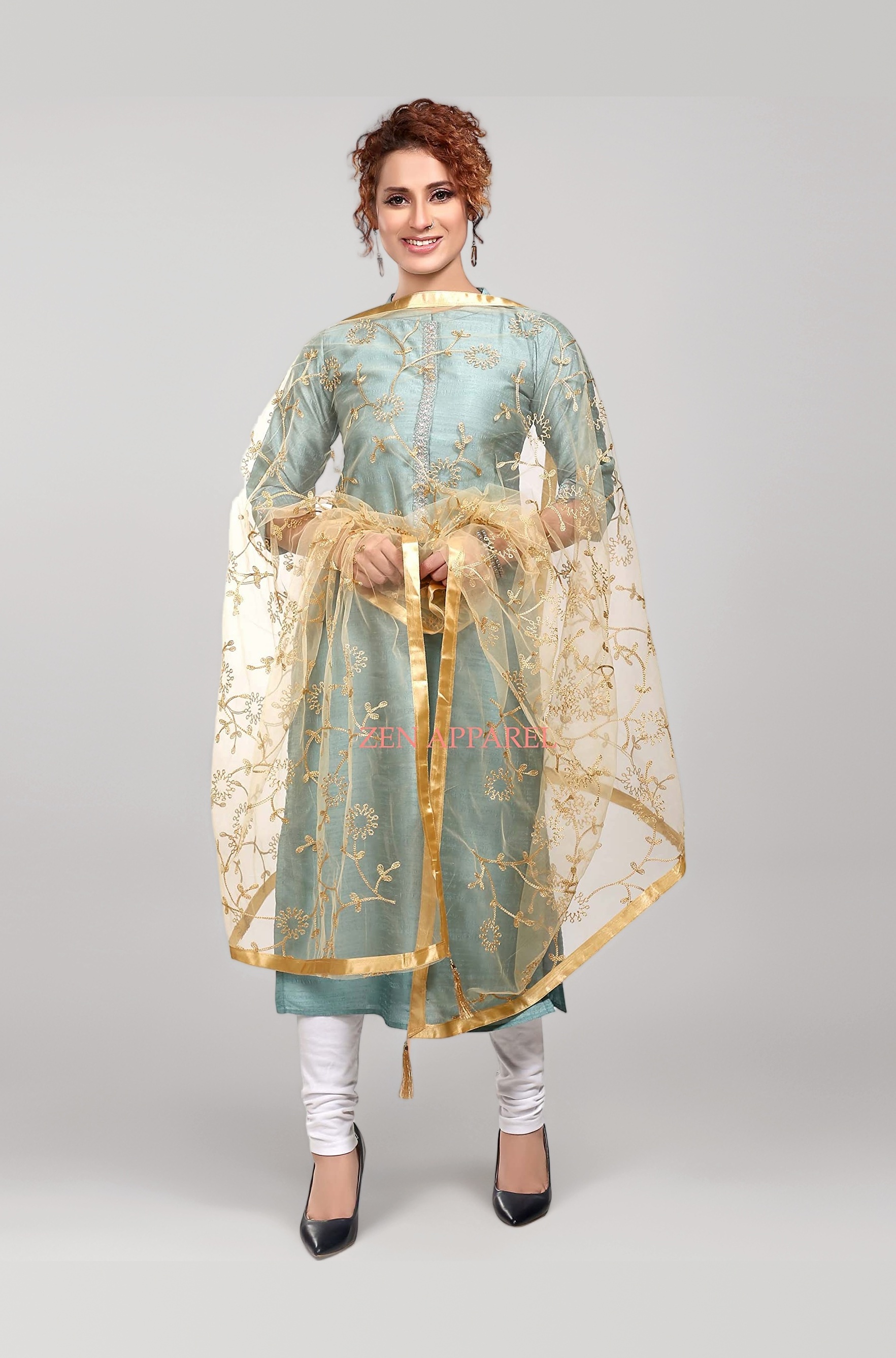 Women's Embroidered Net Dupatta With Lace Borders (Z-101)