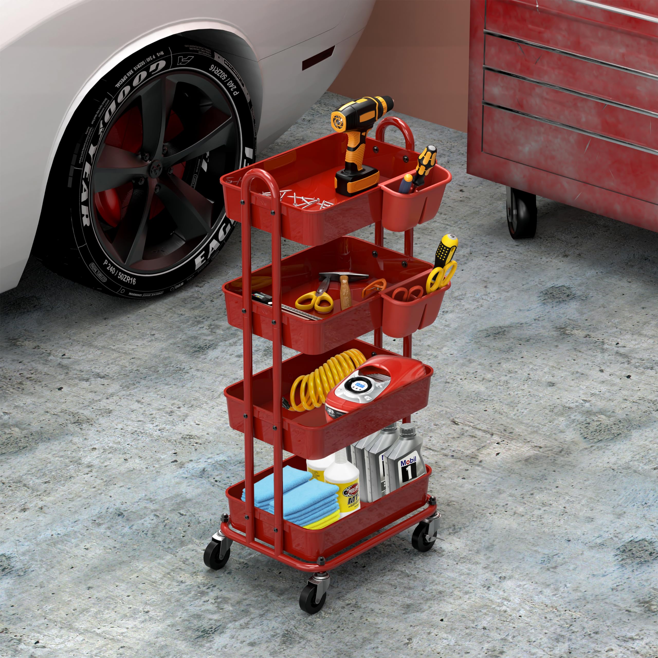 Simple Houseware 4-stufiger multifunktionaler Rollwagen mit Korbtrennwänden und hängenden Eimern, Rot