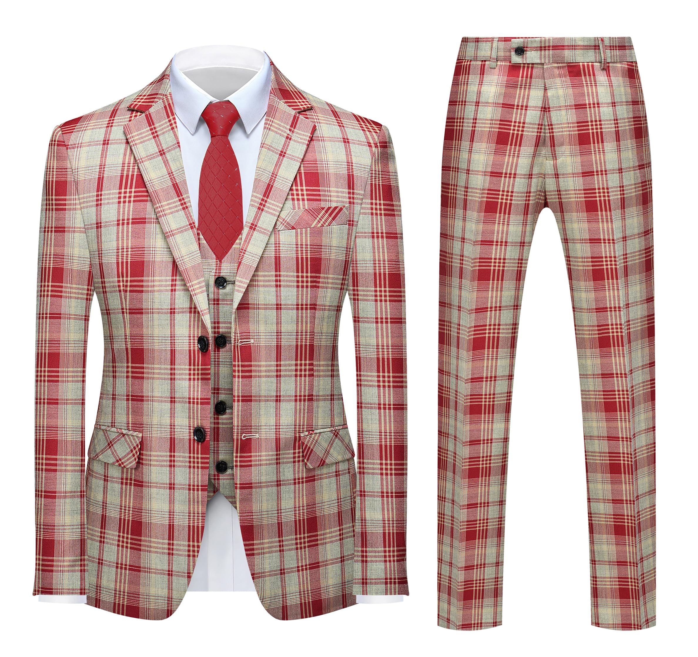 MOGU Suits for Men, 3-Piece Plaid Suit Set with Blazer, Vest and Pants for Wedding, Prom, Business