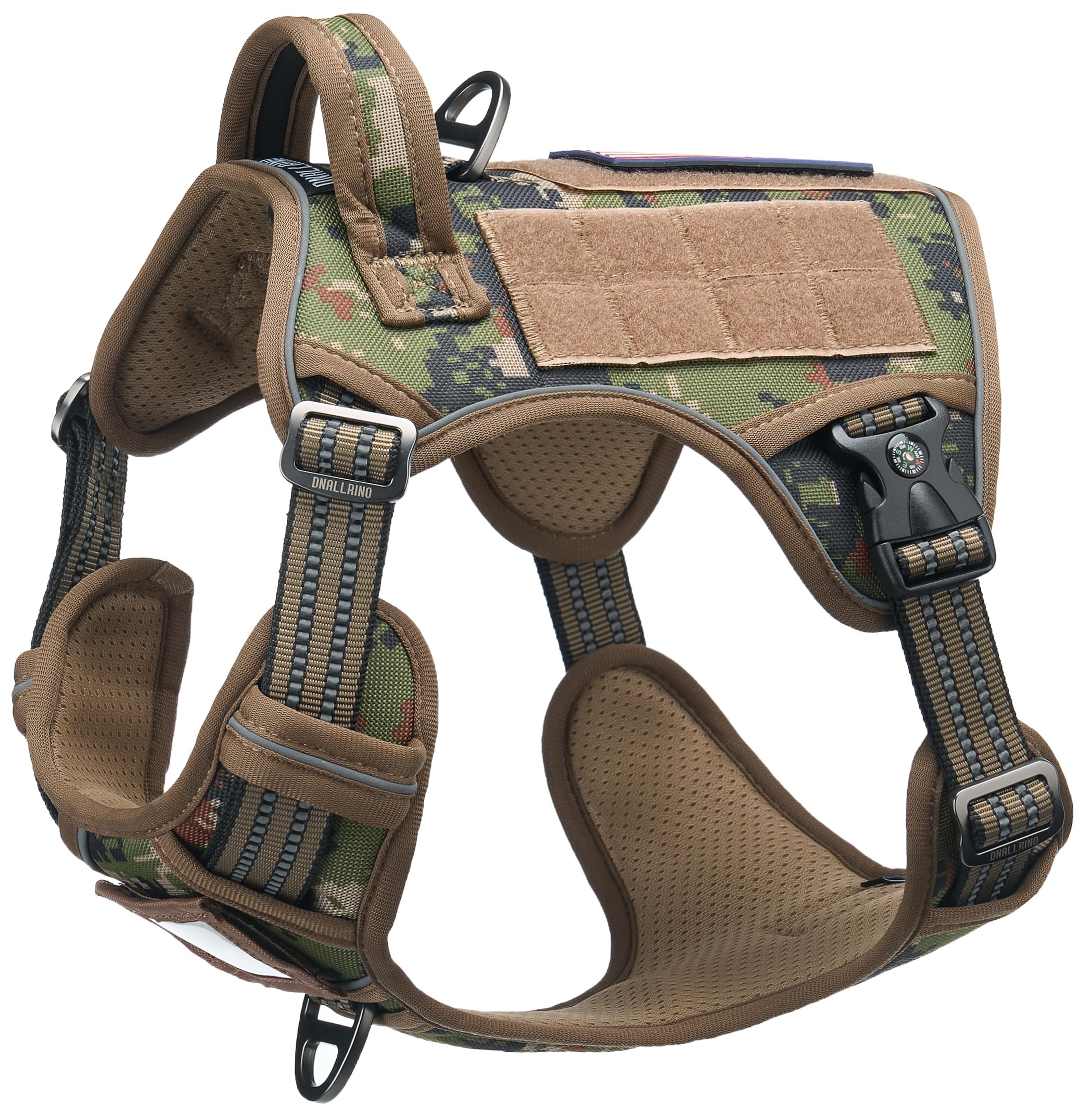 DNALLRINO Tactical Dog Harness for Medium & Large Dogs, Woodland Camo Adjustable No-Pull Control with Handle, Heavy Duty Reflective Vest - Size XL