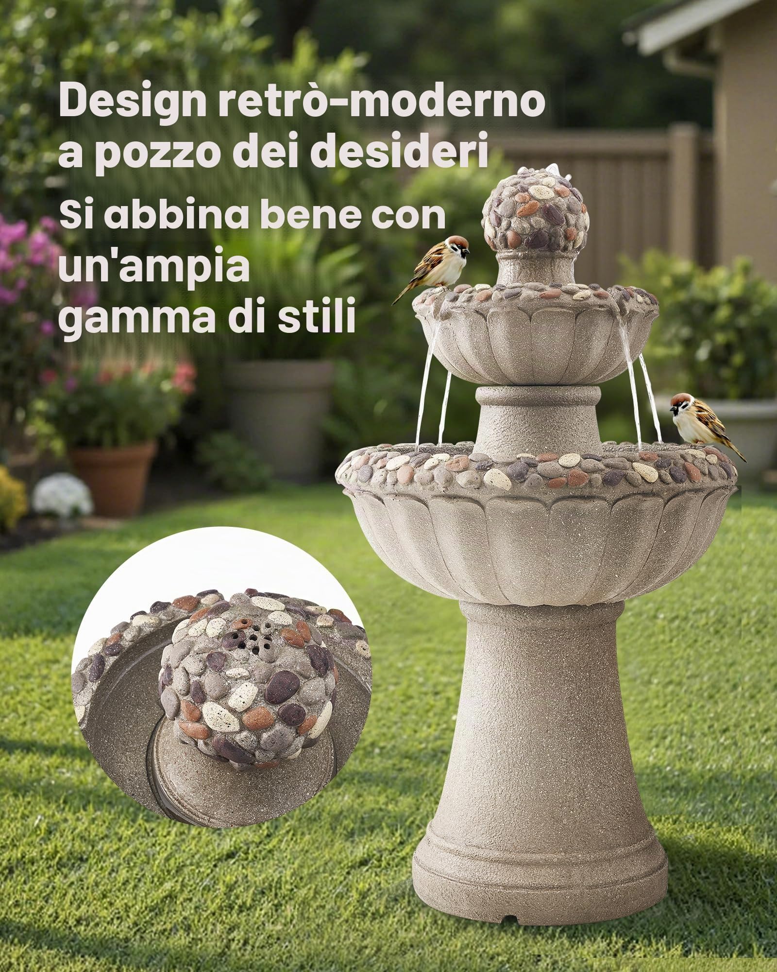 VEVOR Fontana da Esterno, Fontana e Cascata da 480 x 480 x 927 mm, Fontane in Fibra di Vetro e Resina a 2 Livelli con Base in Roccia da Pavimento e Pompa, per Esterni, Interni, Giardino, Casa