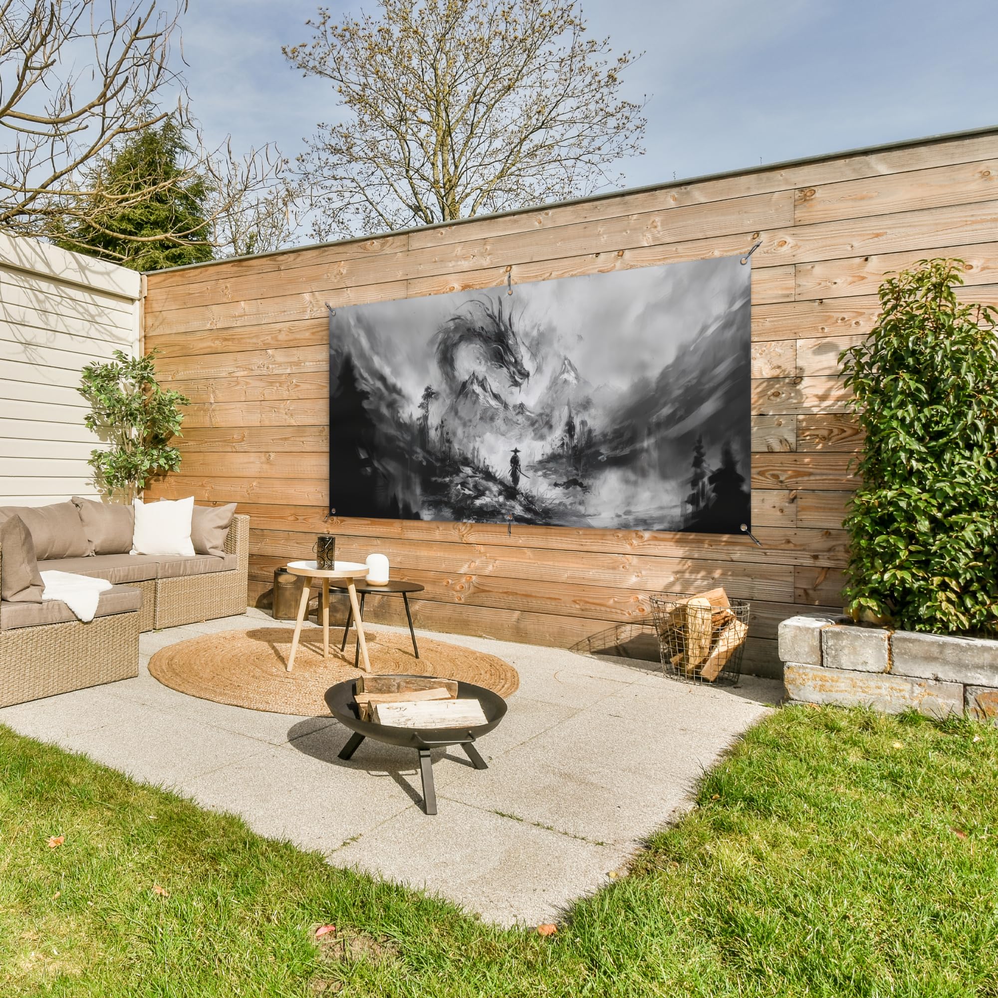 MuchoWow© Decoracion Jardin Exterior Decoración Pared Póster De Jardín | 160x80 cm - Balcón Wall Decoration Patio Posters Decorativos Terraza Guerrero - Dragón - Gris