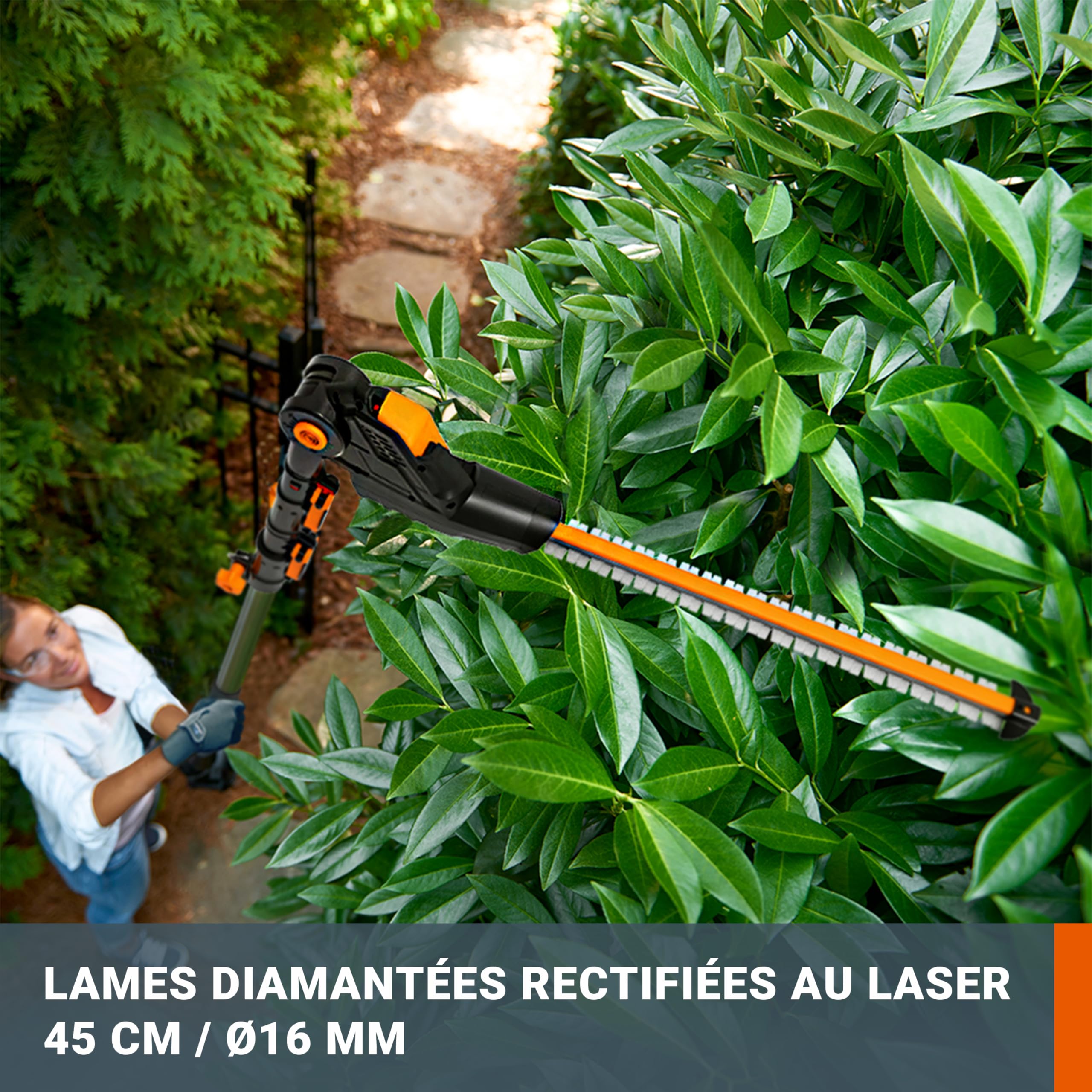 WORX Taille-Haies sans Fil sur perche 20V WG252E.9, Lame de 45 cm, écartement de 16 mm, manche télescopique, Léger et Ergonomique, Poignée Arrière Souple et Rotative, Livré sans Batterie ni Chargeur