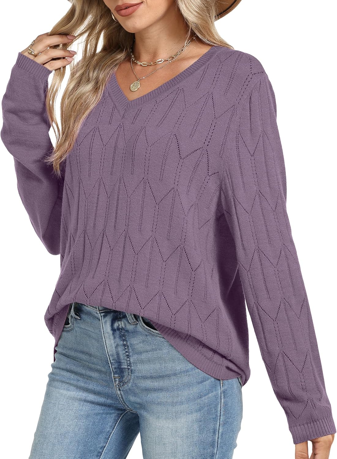 OFEEFAN Womens Sweaters Long Sleeve Shirts Fall Outfits 2026 V Neck Soft Knit Pullover Trendy Tops Dressy Casual Blouses - Image 3