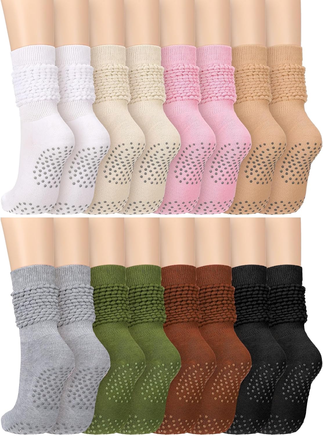 8 Pairs Pilates Slouch Socks with Grips for Women Grippy Sock Non Slip Scrunch Yoga Barre Slouchy Knee High Stocking