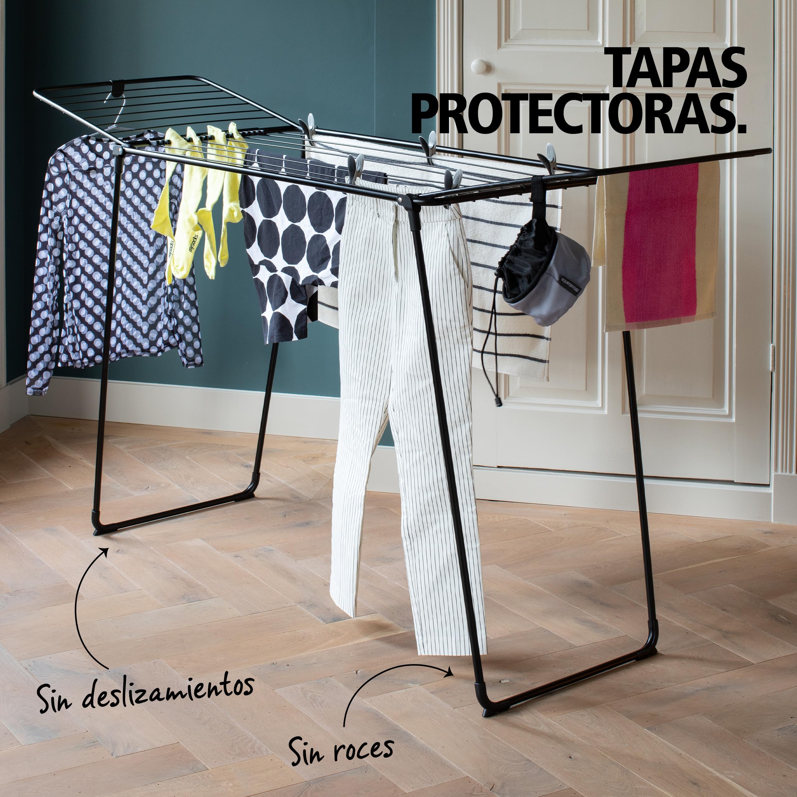 Brabantia HangOn Too Tendedero 18 M (Negro Mate), tendedero Plegable con Capacidad para hasta 1 Carga de Lavadora, tenderete de Ropa Plegable para Todo Tipo de Prendas, no Necesita Pinzas