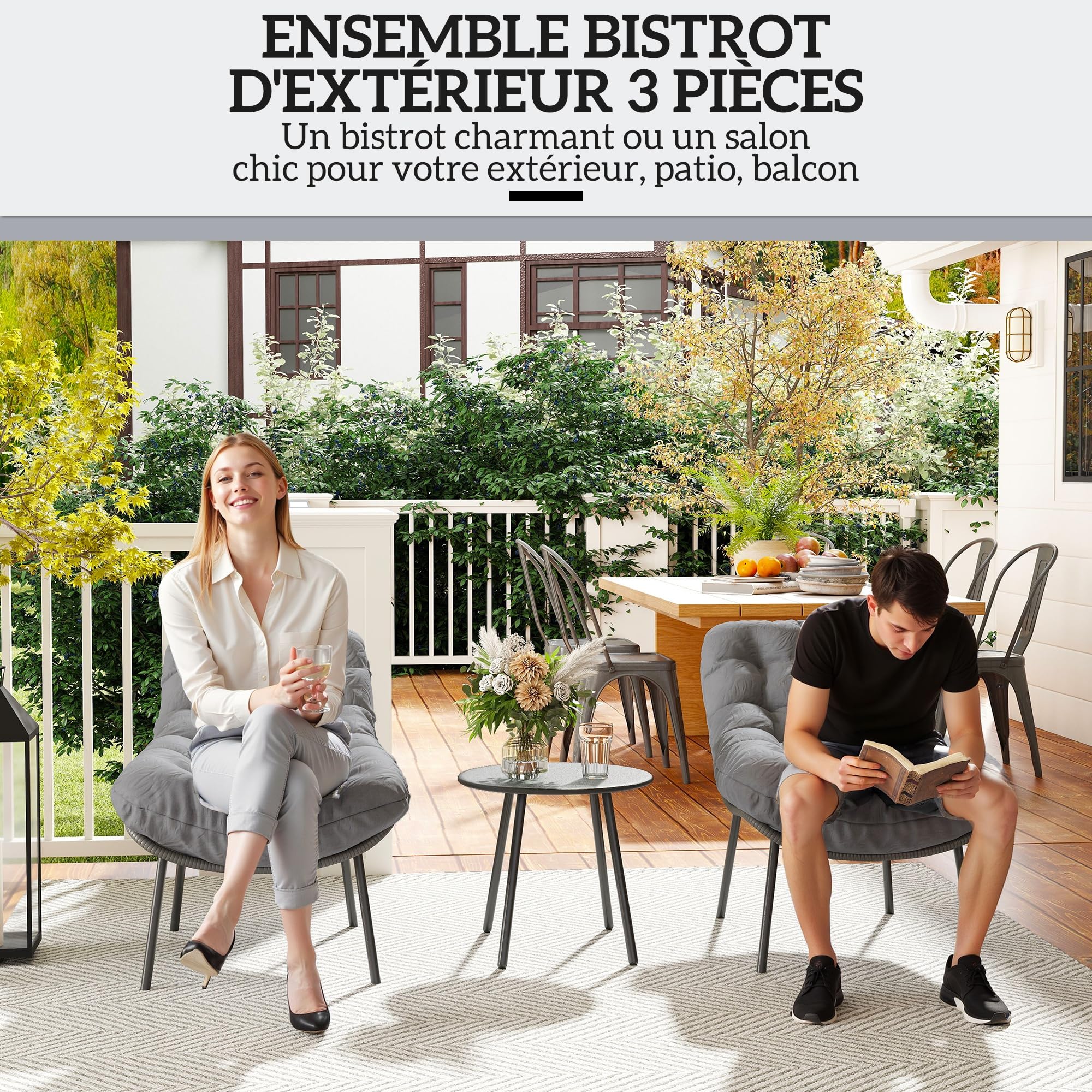 Outsunny Salon de Jardin Extérieur 2 Personnes en Résine Tressée Acier Gris