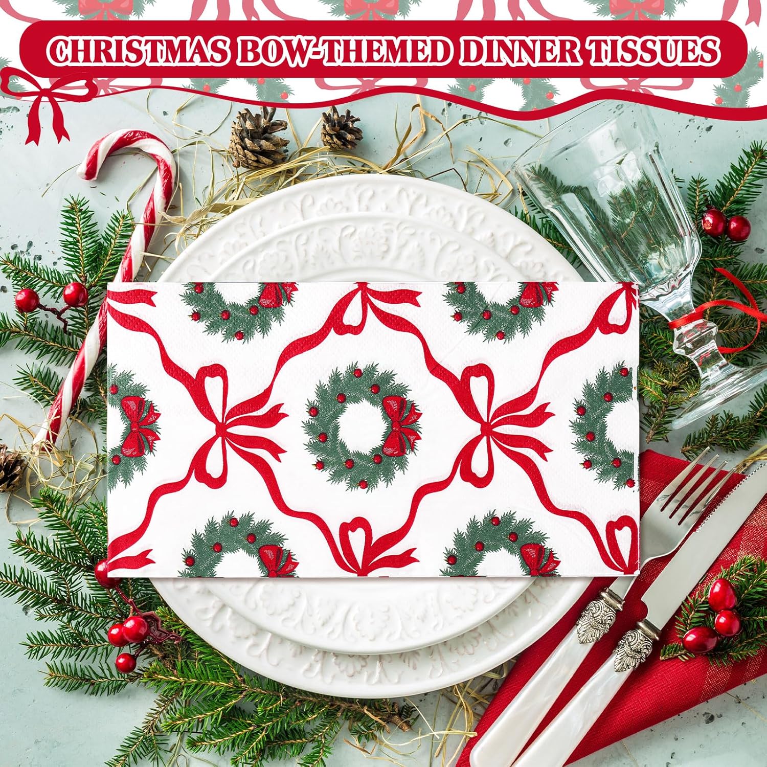 Potchen 100 Pcs Christmas Guest Paper Napkins Disposable Bathroom Hand Towels 3 Ply Bow Dinner Napkins for Xmas Bathroom Kitchen Decoupage Birthday Holiday Party Supplies(Christmas Wreaths and Bows)