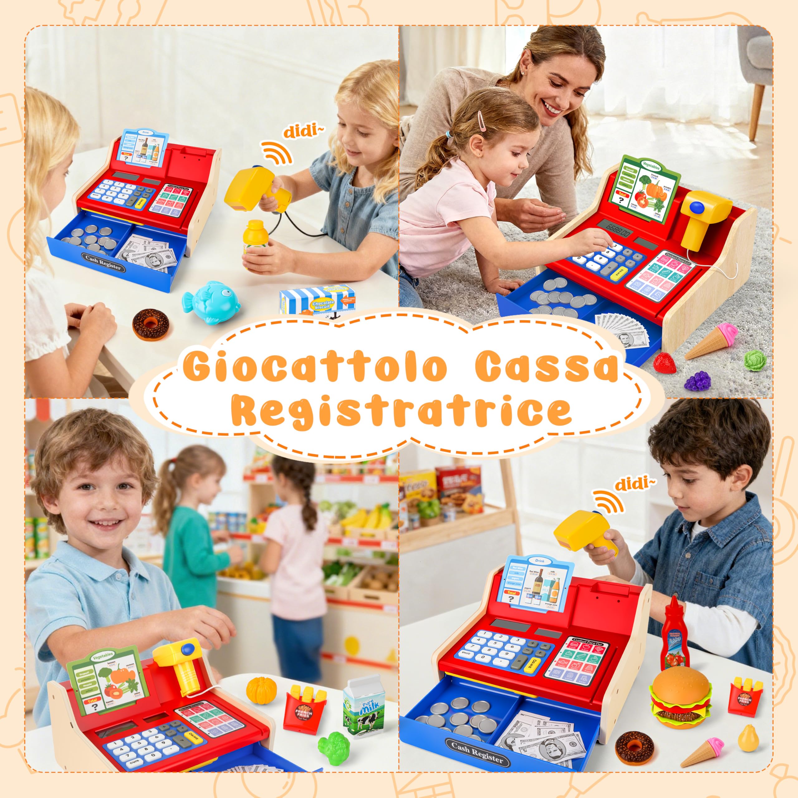 MOMOSTAR Cassa Giocattolo per Bambini, Registratore di Cassa Giocattolo con Scanner Calcolatrice, Supermercato Giocattolo con 66 Accessori, Cassa Giochi d'Imitazione Regalo per Bambini 3 4 5 6 Anni
