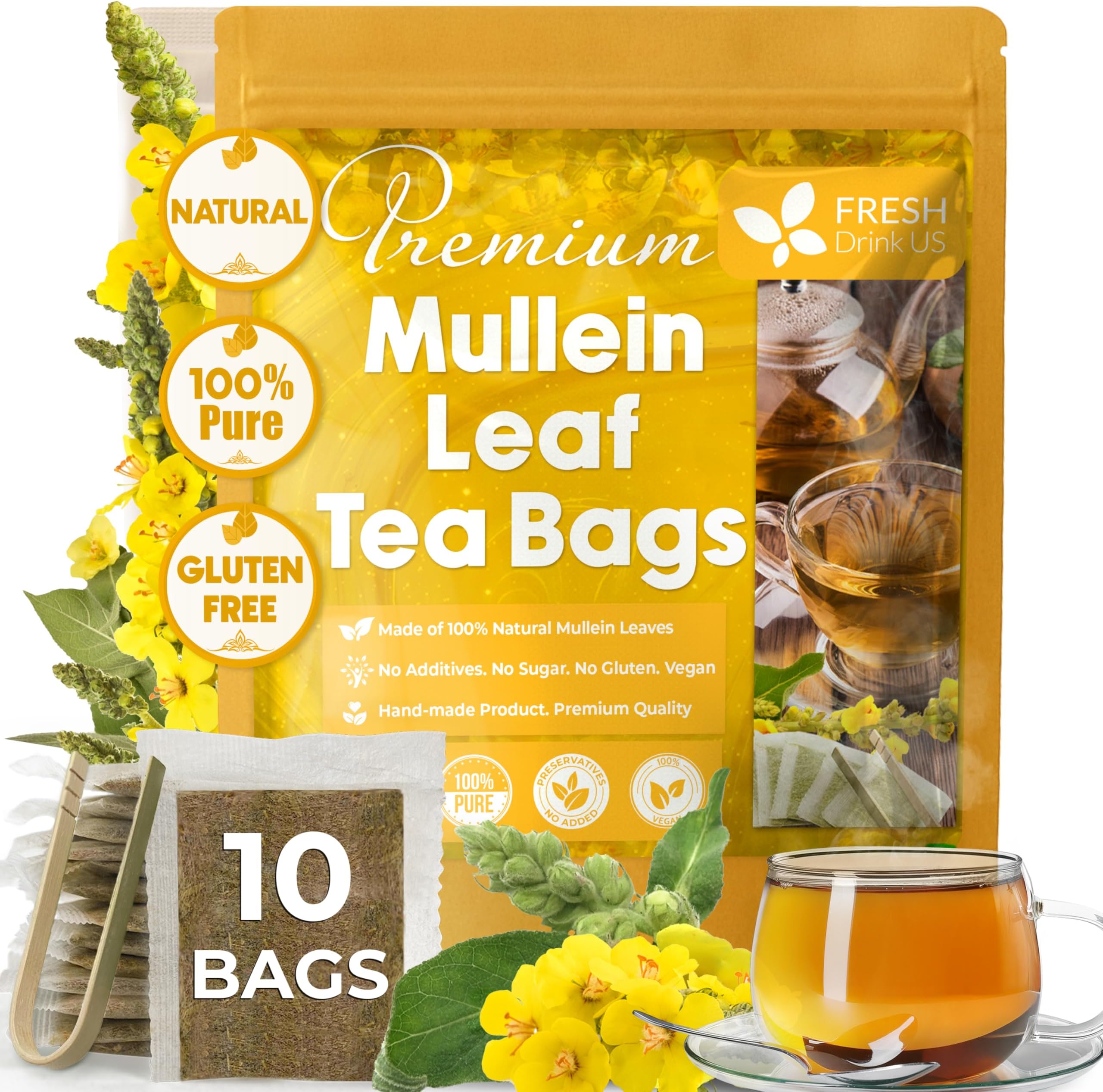 FreshDrinkUS, Premium 10 Mullein Leaf Tea Bags for Lungs, 100% Natural & Pure Mullein Leaves. Mullein Herbal Tea. Made with Natural Material Tea Bags. No Sugar, No Caffeine, No Gluten, Vegan.
