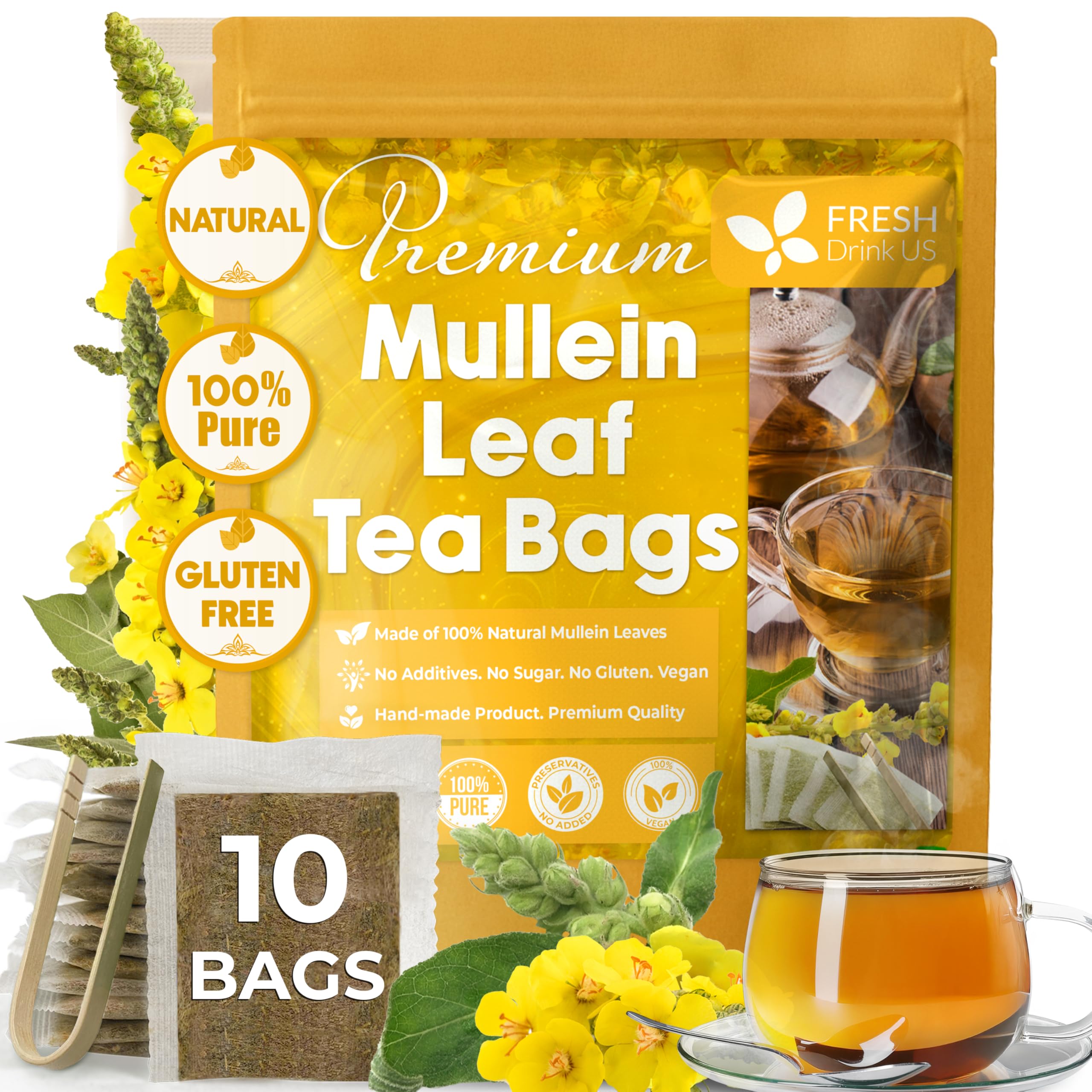 FreshDrinkUS, Premium 10 Mullein Leaf Tea Bags For Lungs, 100% Natural & Pure from Mullein Leaves. Loose Leaf Mullein Herbal Tea. Made with Natural Material Tea Bags. No Sugar, No Caffeine, No Gluten, Vegan.