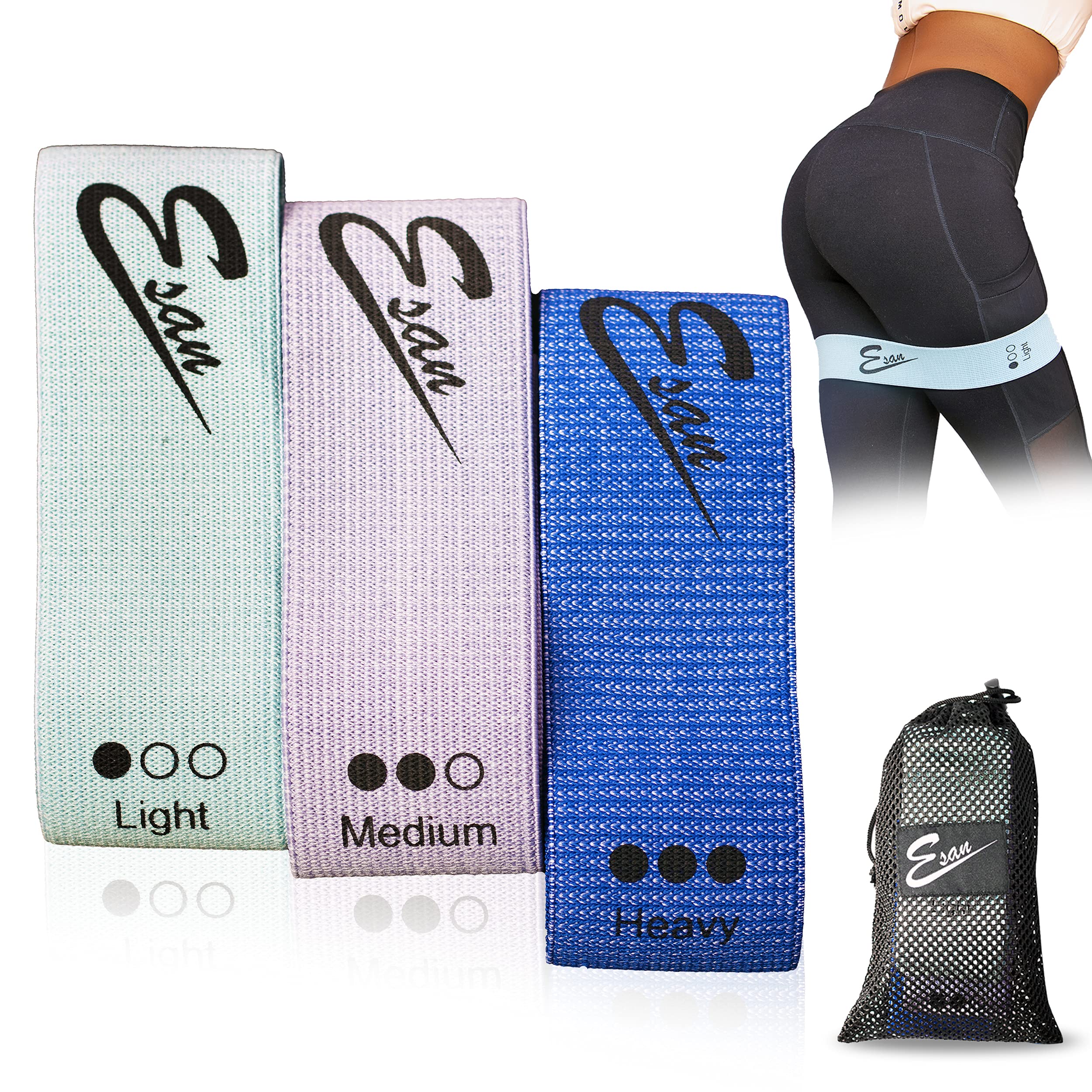 ESAN Fabric Exercise Resistance Band Set for Leg and Butt Men and Women Non Slip Anti Slip Hip Shaping No Pinch, 3 Levels Fitness Training Bands