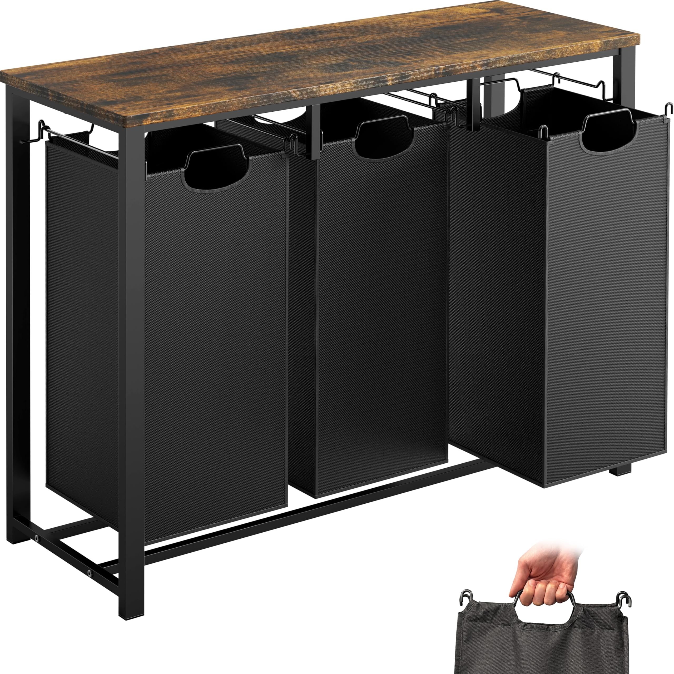 Simple Houseware 3-Section Laundry Sorter with Tabletop Shelf 3 Pull-Out 10-Gallon Hampers Metal Frame Laundry Organizer for Bedroom