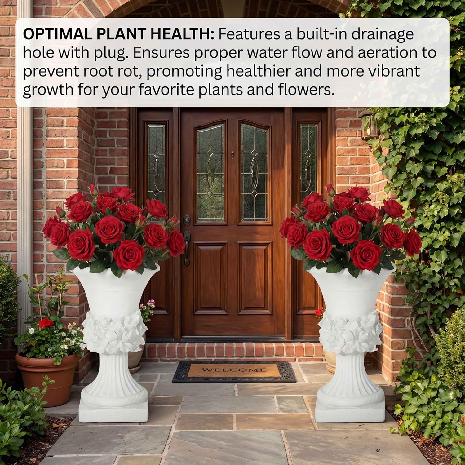19.5 Inch MGO Urn Planter Outdoor - Lightweight Cement Garden Planter with Drainage Hole, Large Decorative Flower Pot for Patio, Yard, Lawn, Balcony Decor- Antique White