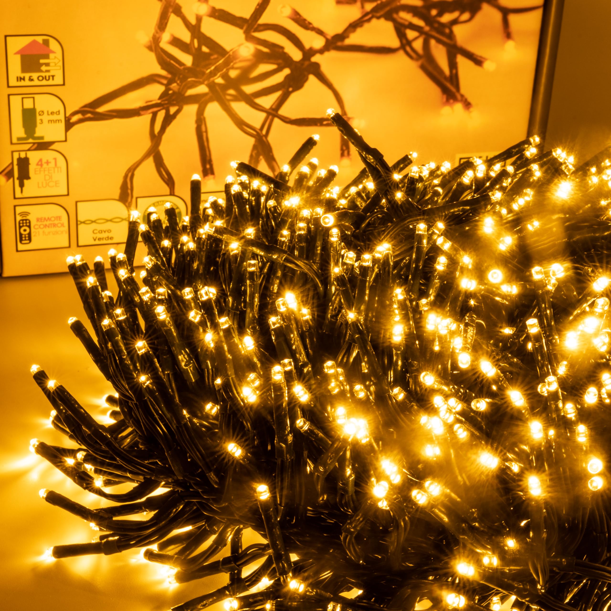 Luccika, Cluster-Lichterkette, Gold, 20 Meter, 1000 LEDs, Ø 3 mm, Lichterkette für Weihnachtsbaum, 4 Lichteffekte, Fernbedienung, Timer, grünes Kabel IP44, Verwendung im Innen- und Außenbereich