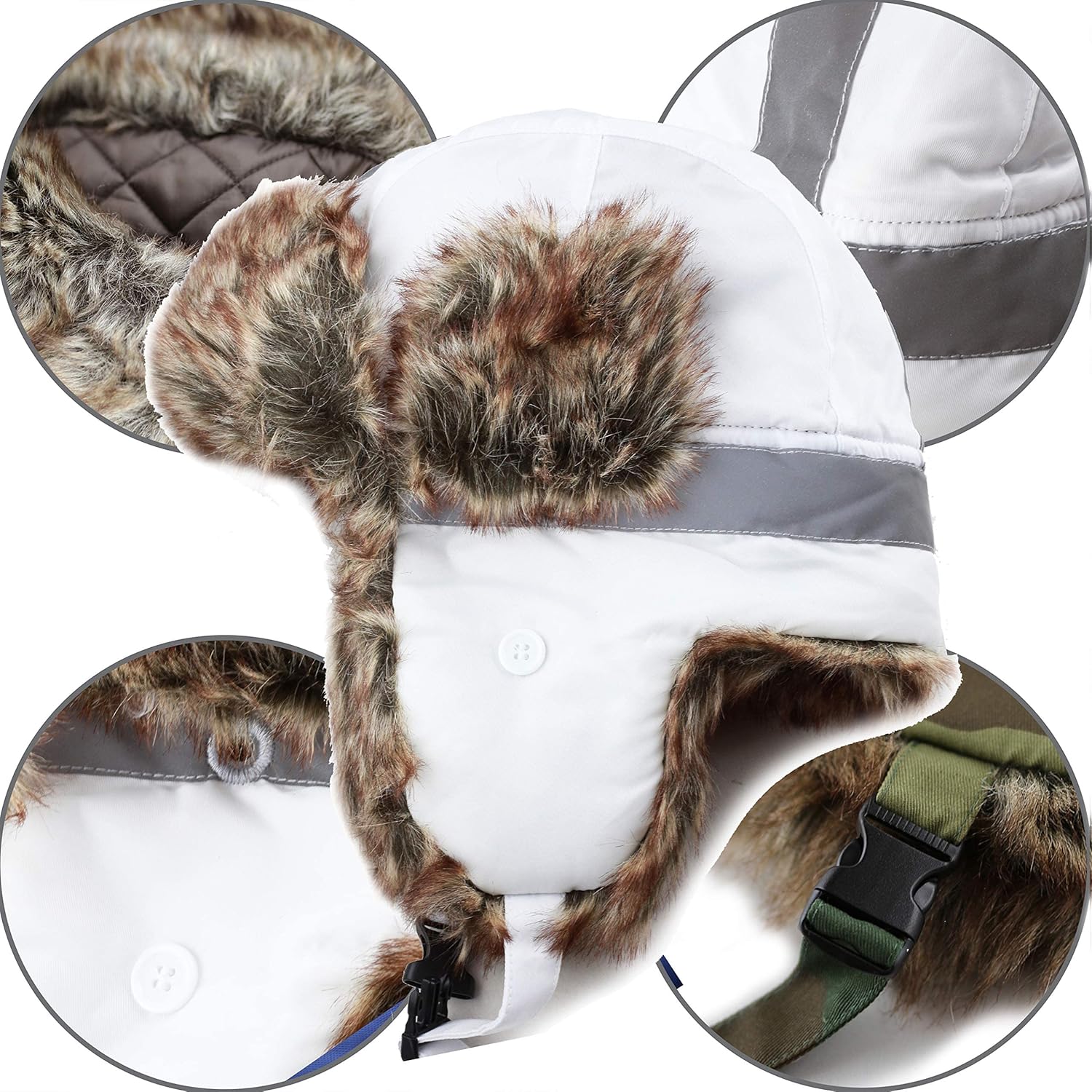 Faux Fur Safety Reflective Aviator Trapper Hat Snow Ski Trooper Winter Cap
