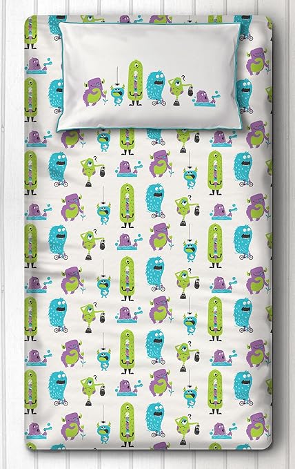 Silverlinen Silly Monsters 100% Cotton 250 TC Single Bedsheet for Kids Room for Girls and Boys with One Pillow Cover - Green