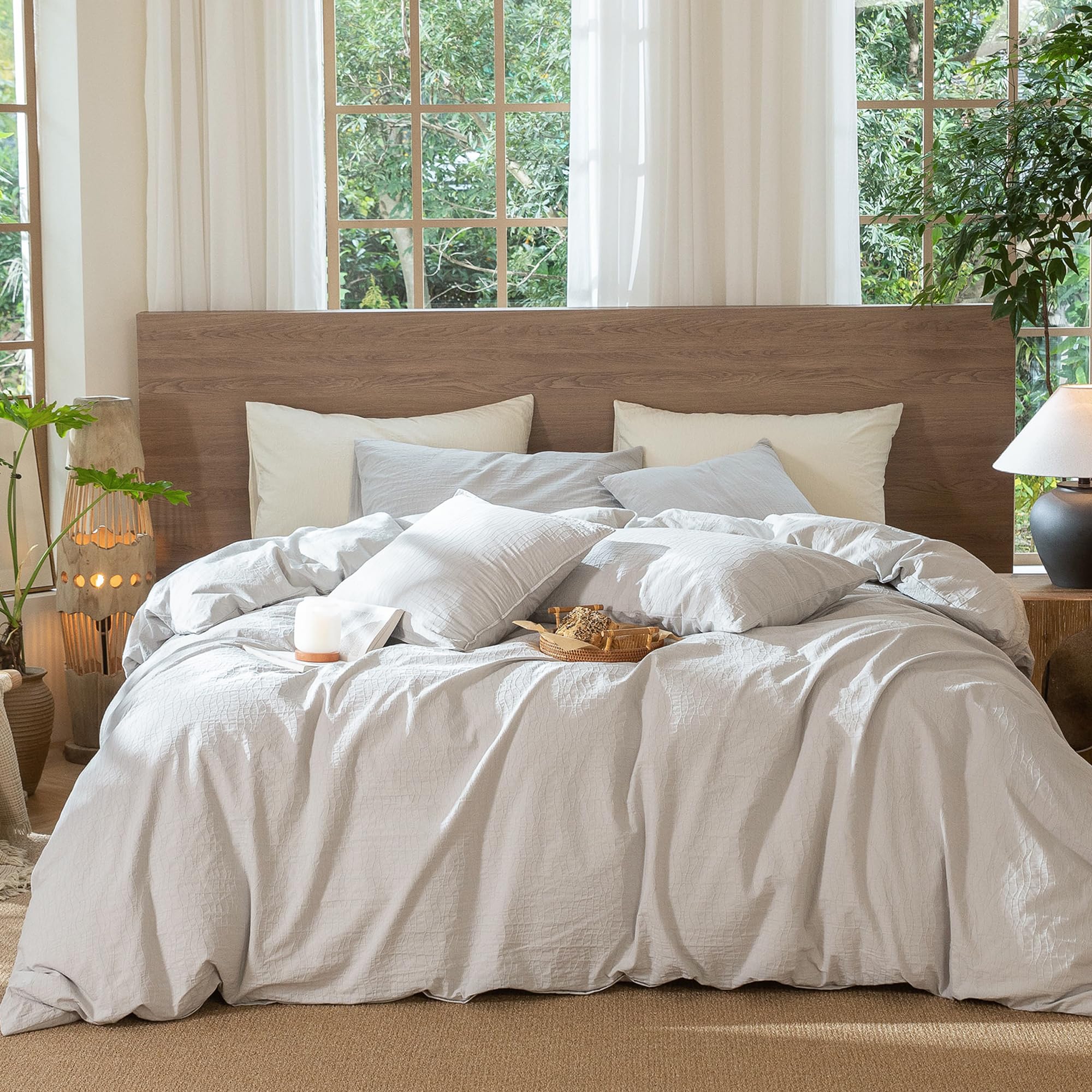 MooMee Jacquard Duvet Cover Set 100% Washed Cotton Linen Like